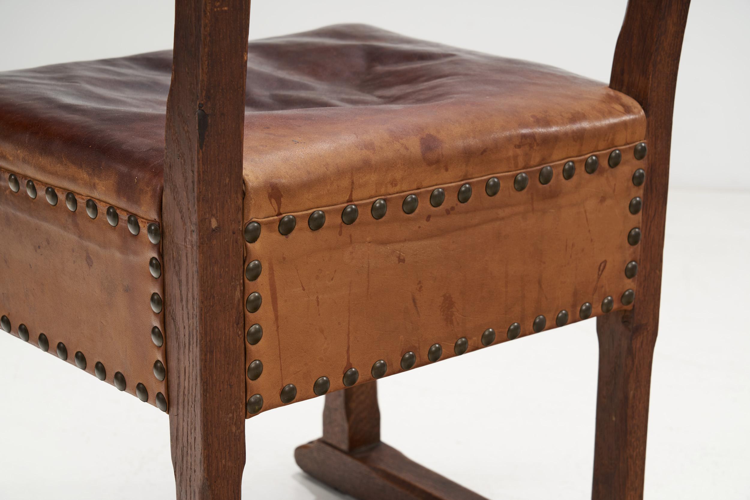 European Patinated Oak and Leather Chairs with Upholstery Tacks, Europe Ca 1900s 9