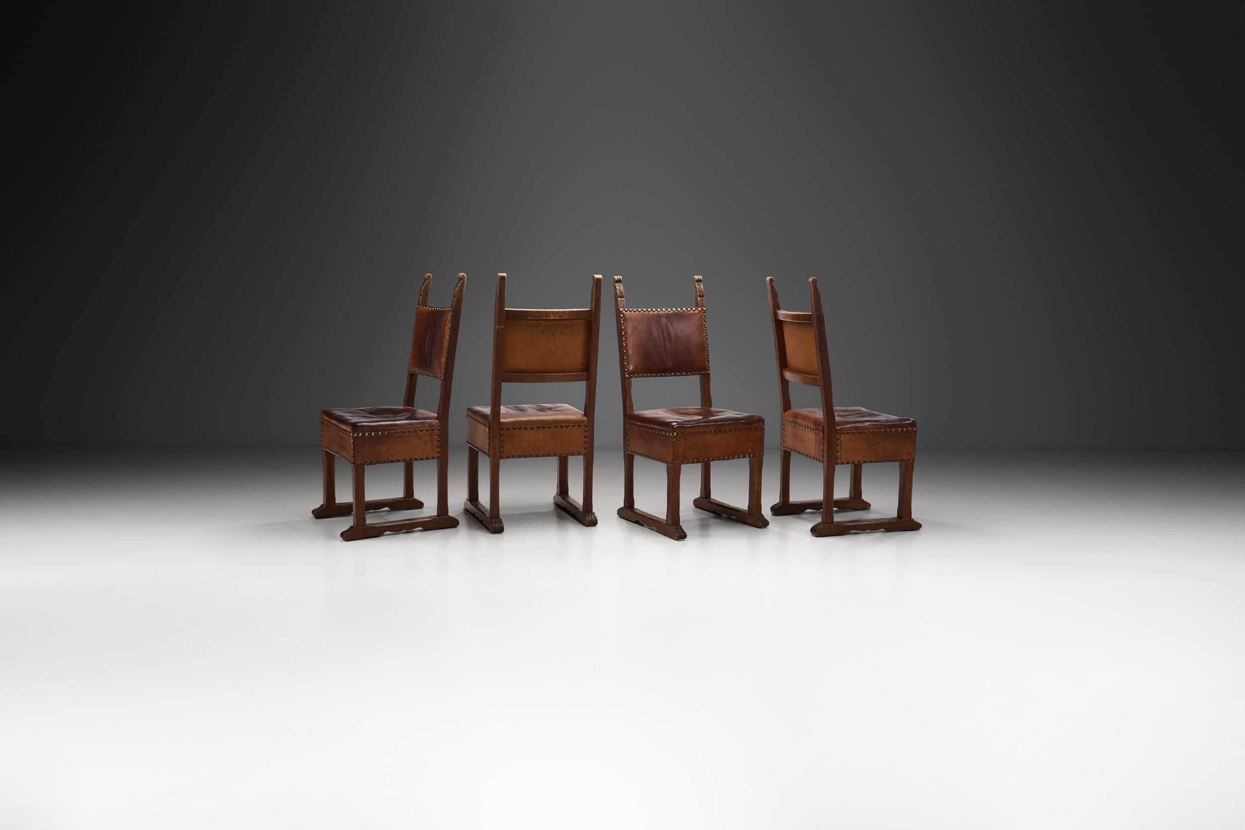 Baroque Revival European Patinated Oak and Leather Chairs with Upholstery Tacks, Europe Ca 1900s