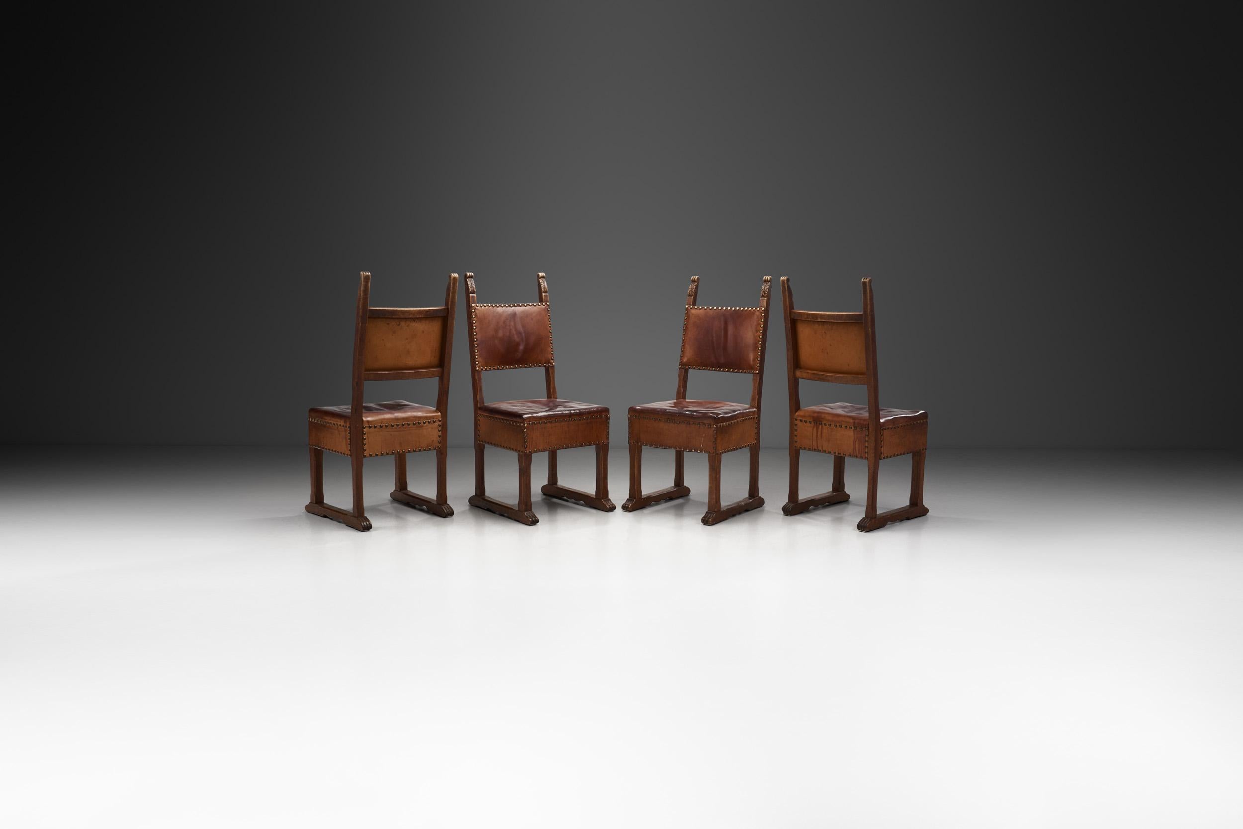 European Patinated Oak and Leather Chairs with Upholstery Tacks, Europe Ca 1900s In Good Condition In Utrecht, NL