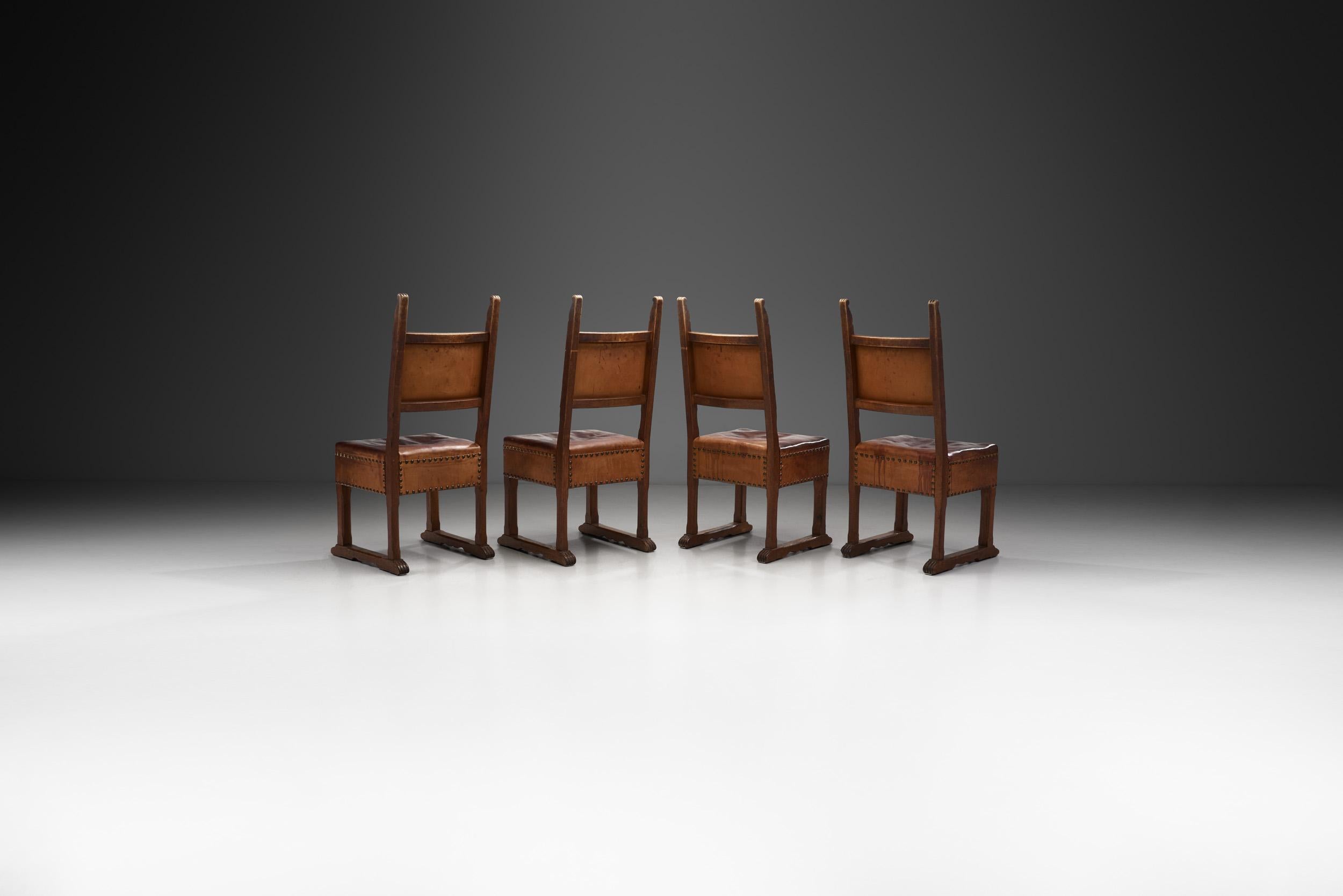 20th Century European Patinated Oak and Leather Chairs with Upholstery Tacks, Europe Ca 1900s