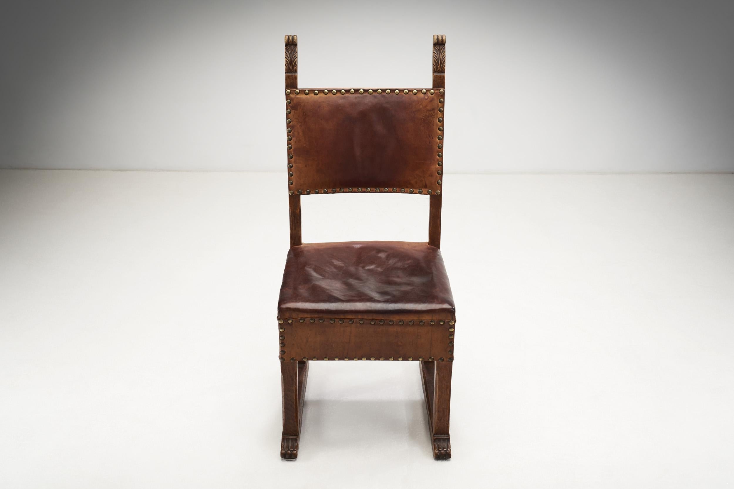 Wood European Patinated Oak and Leather Chairs with Upholstery Tacks, Europe Ca 1900s