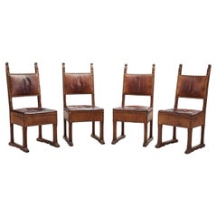 European Patinated Oak and Leather Chairs with Upholstery Tacks, Europe Ca 1900s
