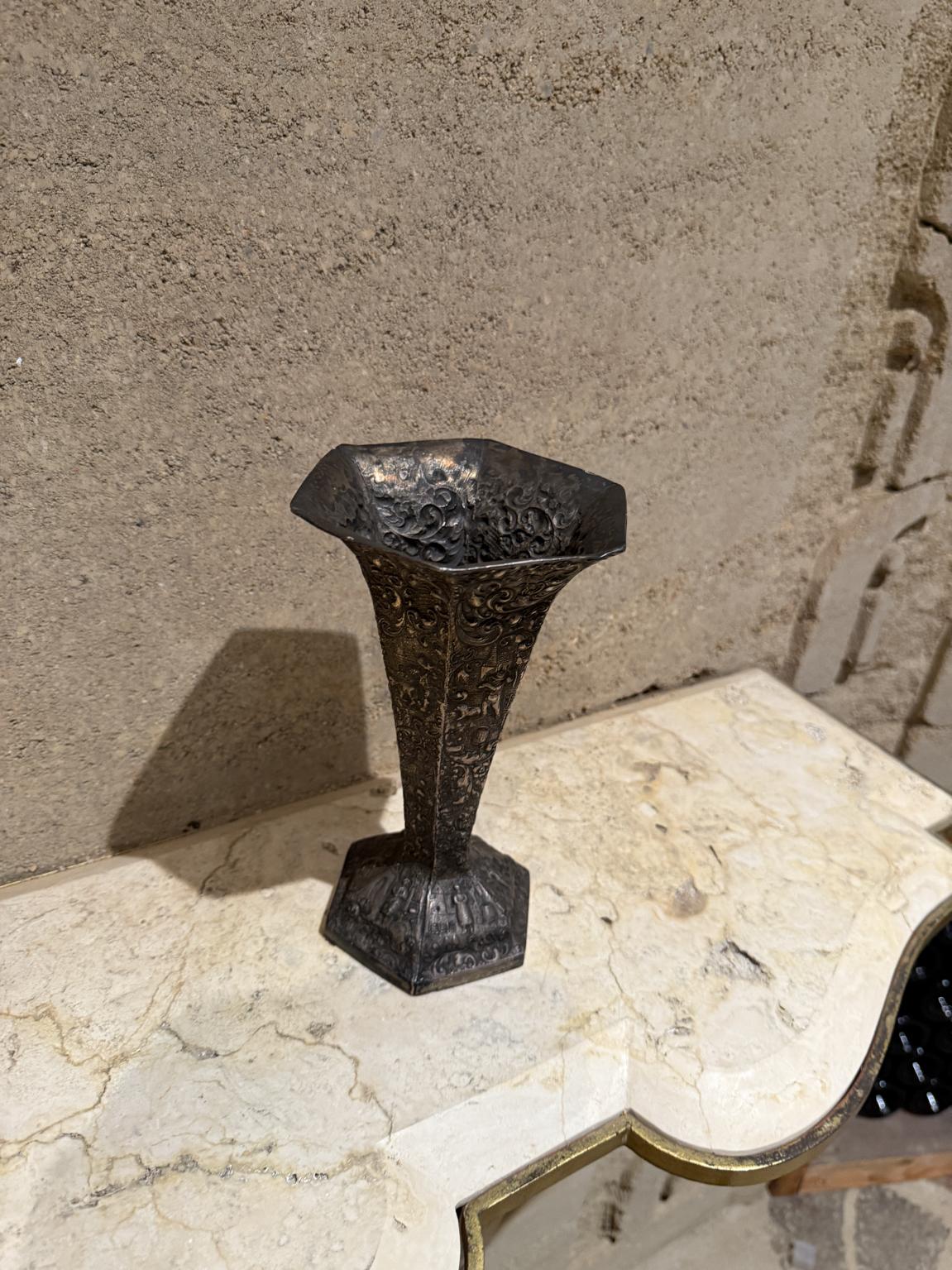 Art Nouveau European Peasant Motif Silverplated on Repousse Copper Vase Late 1800s For Sale
