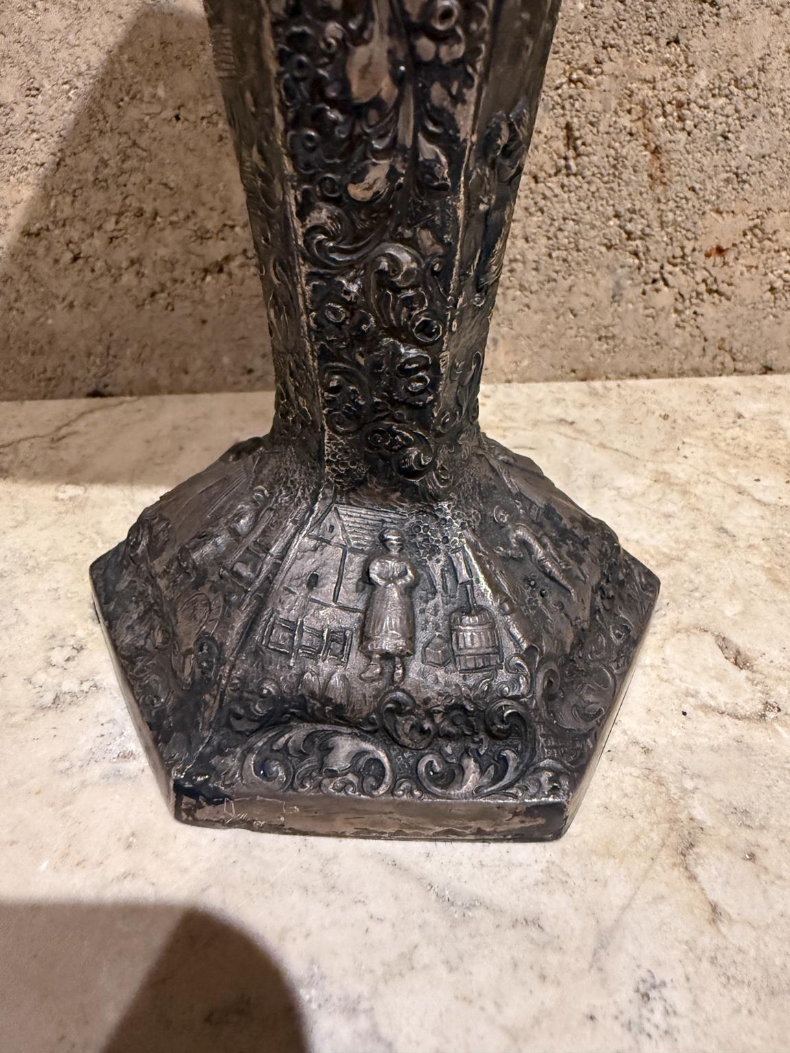 European Peasant Motif Silverplated on Repousse Copper Vase Late 1800s In Good Condition For Sale In Chula Vista, CA