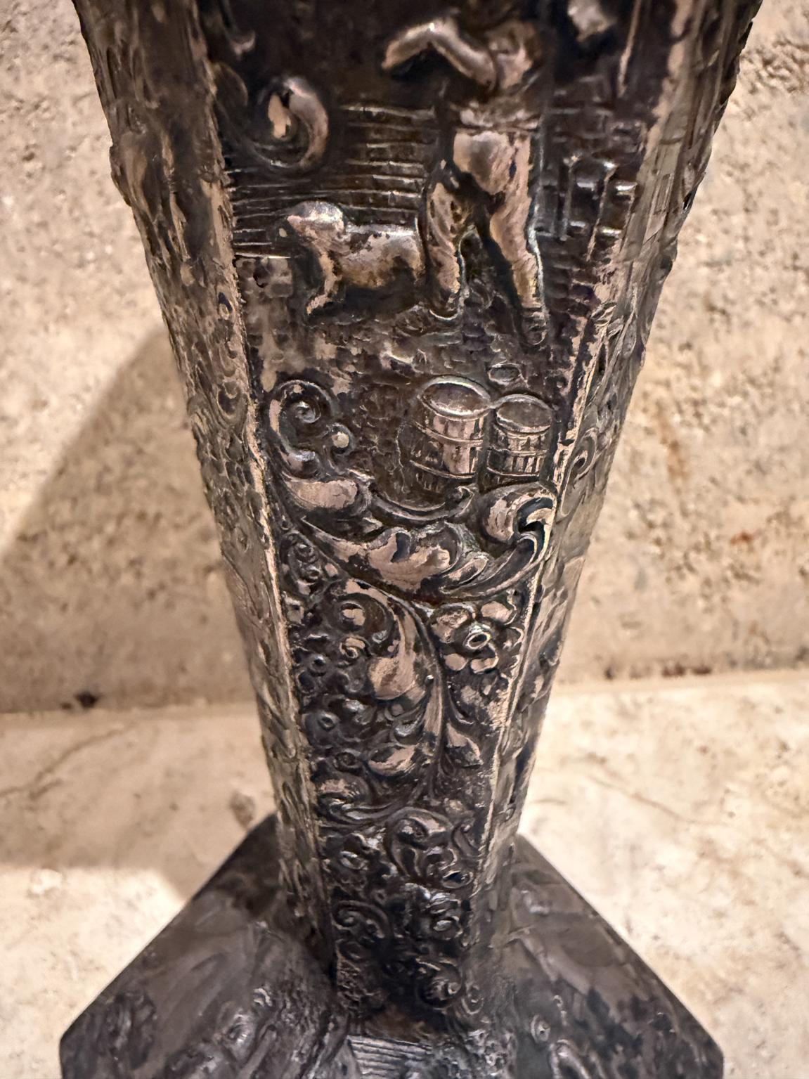 18th Century European Peasant Motif Silverplated on Repousse Copper Vase Late 1800s For Sale