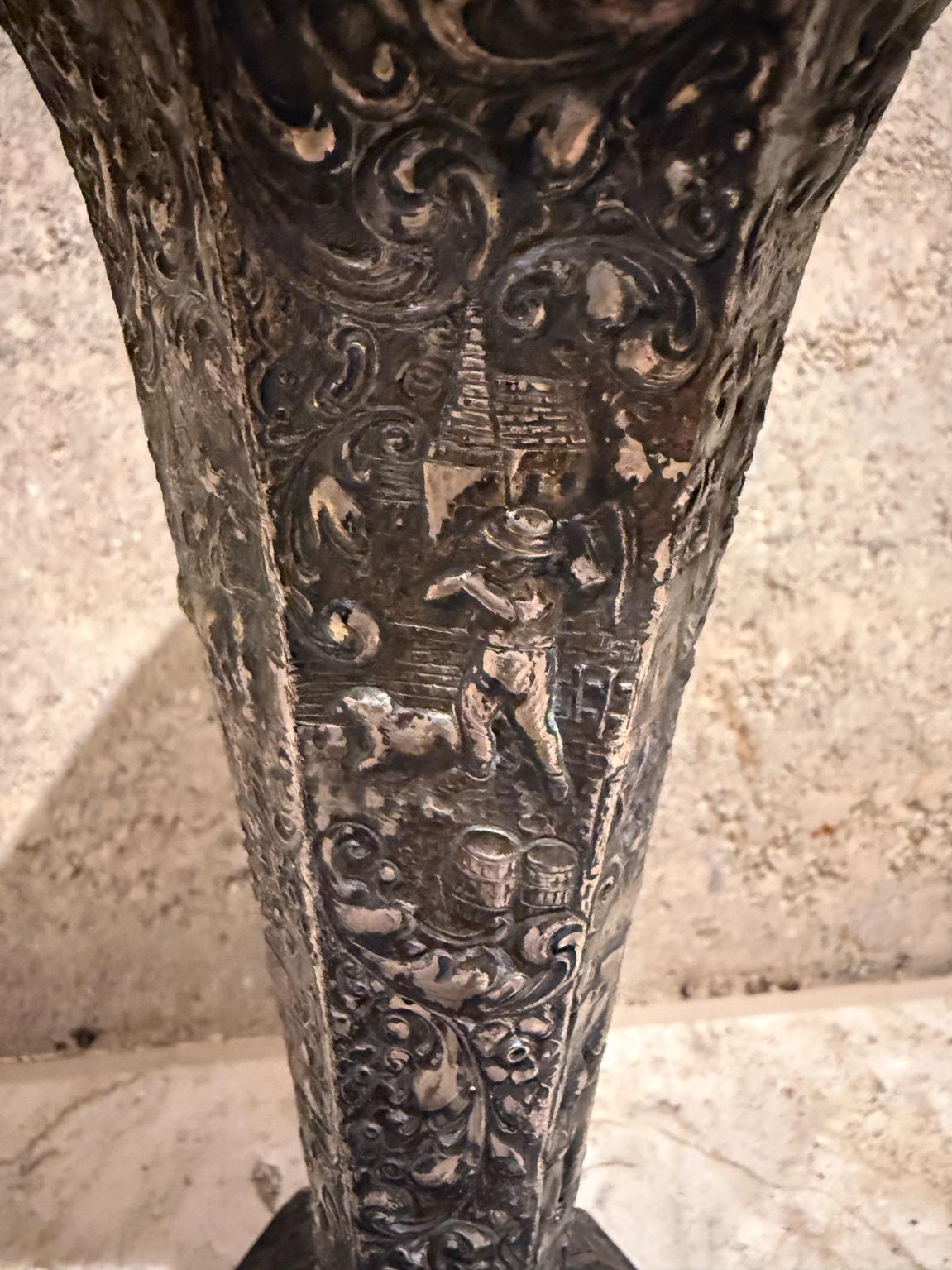 Silver Plate European Peasant Motif Silverplated on Repousse Copper Vase Late 1800s For Sale