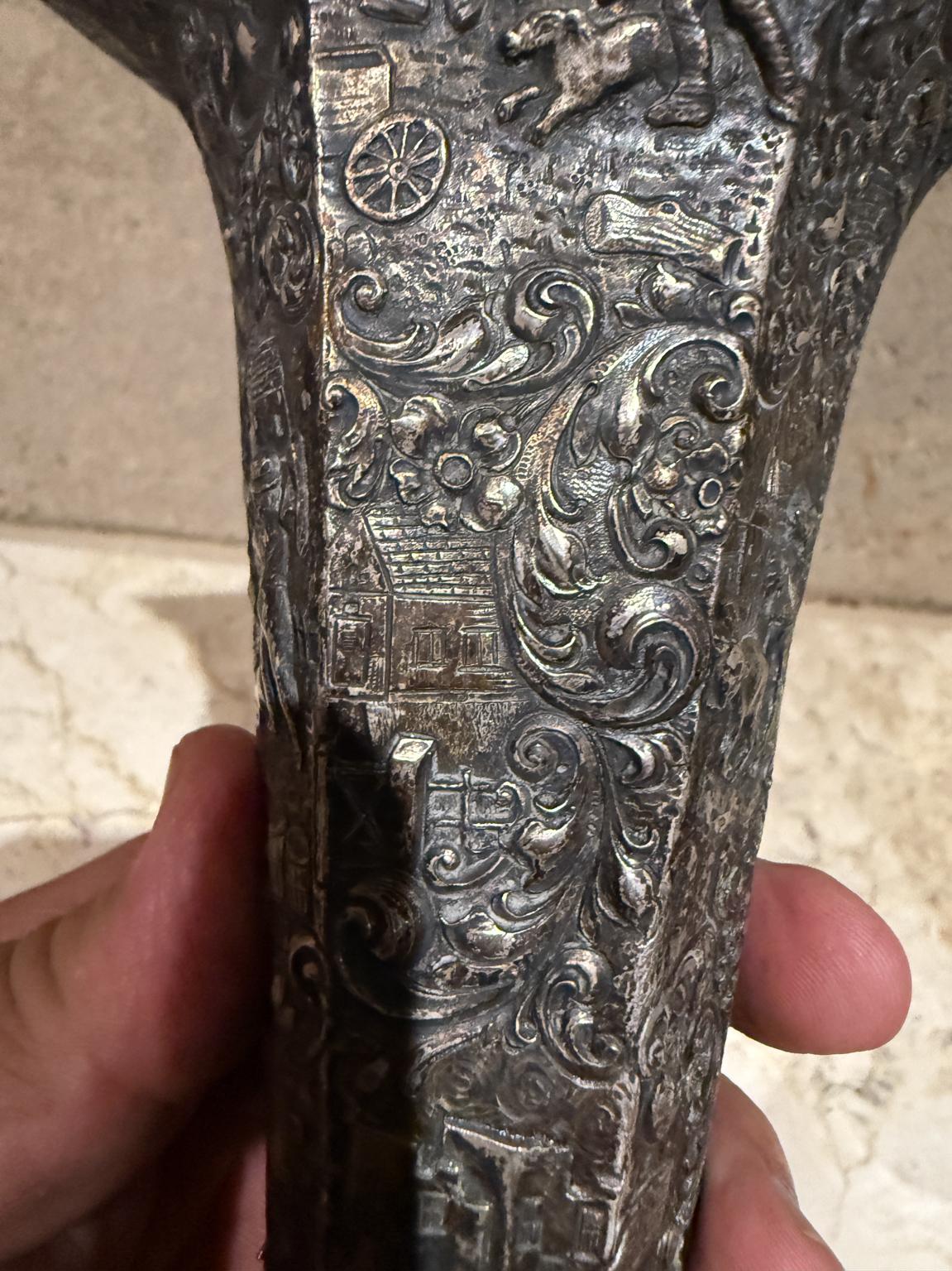 European Peasant Motif Silverplated on Repousse Copper Vase Late 1800s For Sale 1