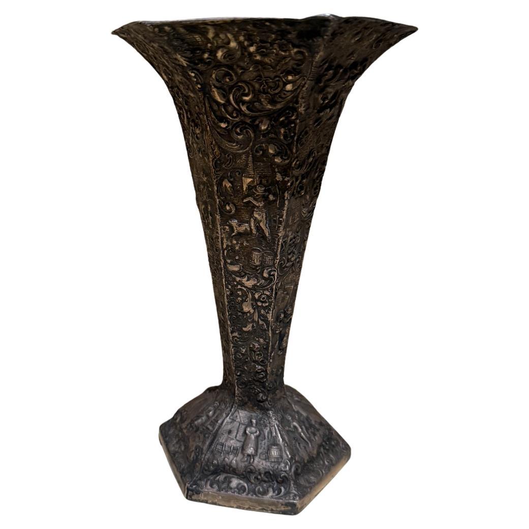 European Peasant Motif Silverplated on Repousse Copper Vase Late 1800s For Sale