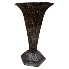European Peasant Motif Silverplated on Repousse Copper Vase Late 1800s