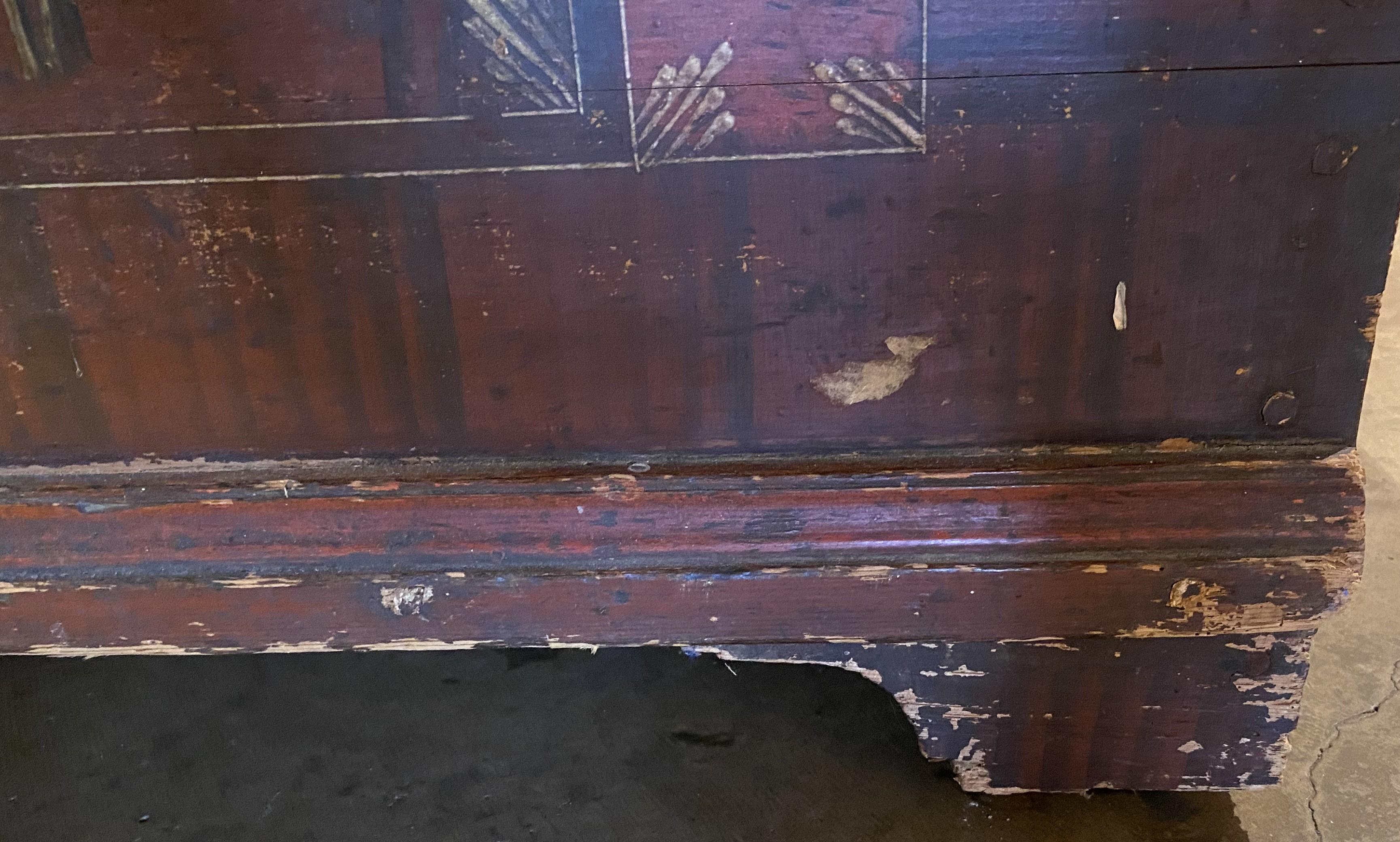 European Pine Paint Decorated Blanket Chest Dated 1876 For Sale 11