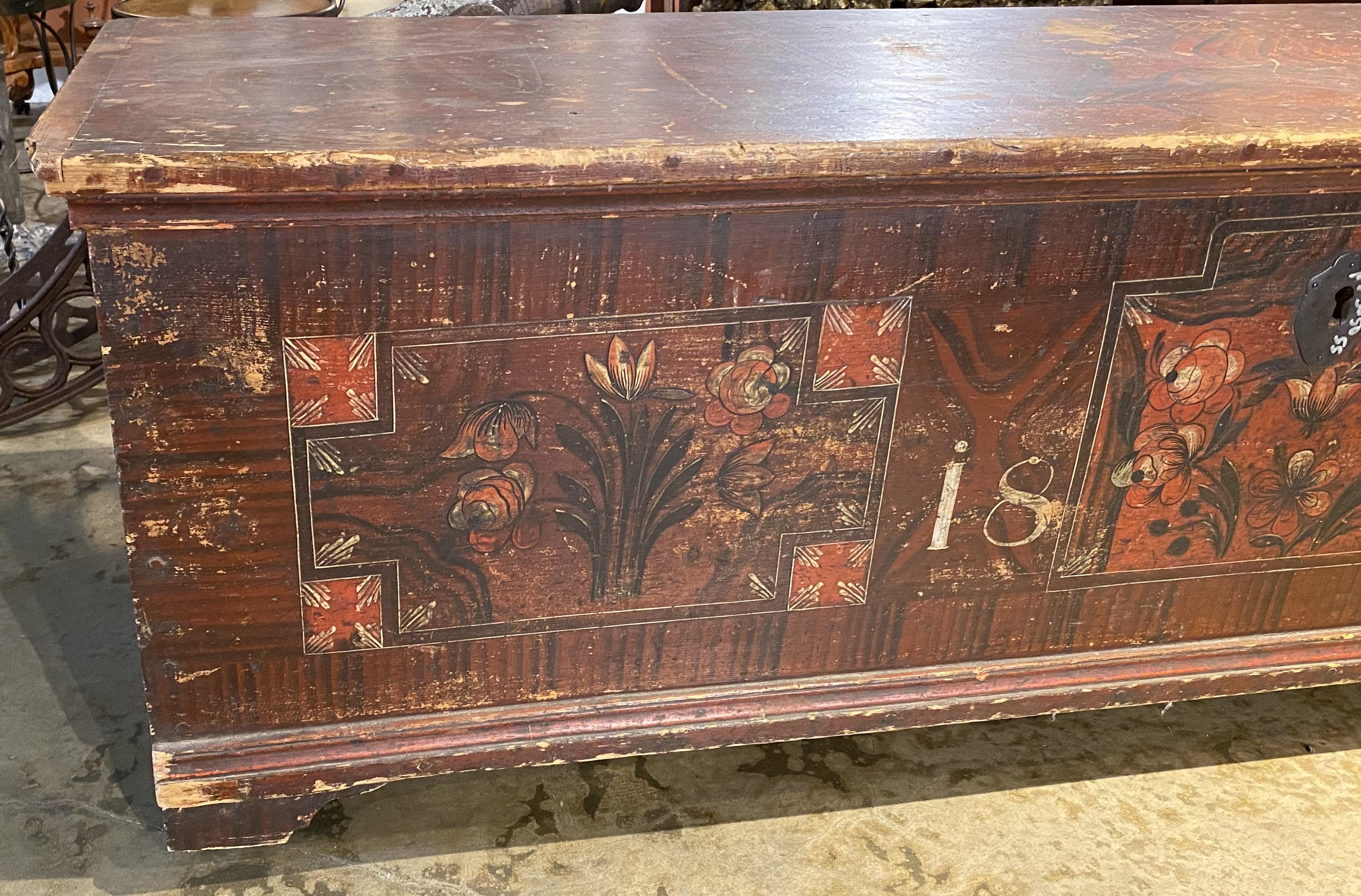 A nicely paint decorated large pine blanket chest dated 1876 on the front, with three foliate painted panels, and geometric designs on the top, with large strap hinges. The underside of the lid has been sponge decorated. European in origin, dating