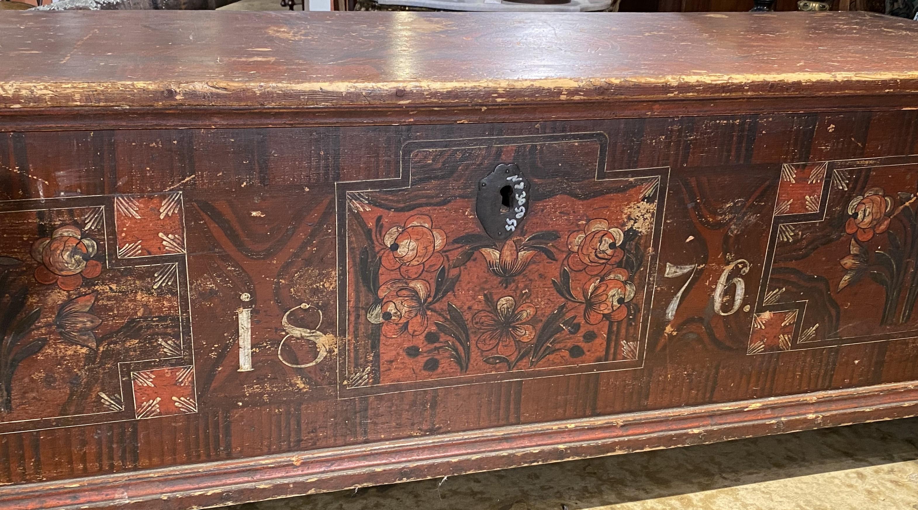 Hand-Crafted European Pine Paint Decorated Blanket Chest Dated 1876 For Sale
