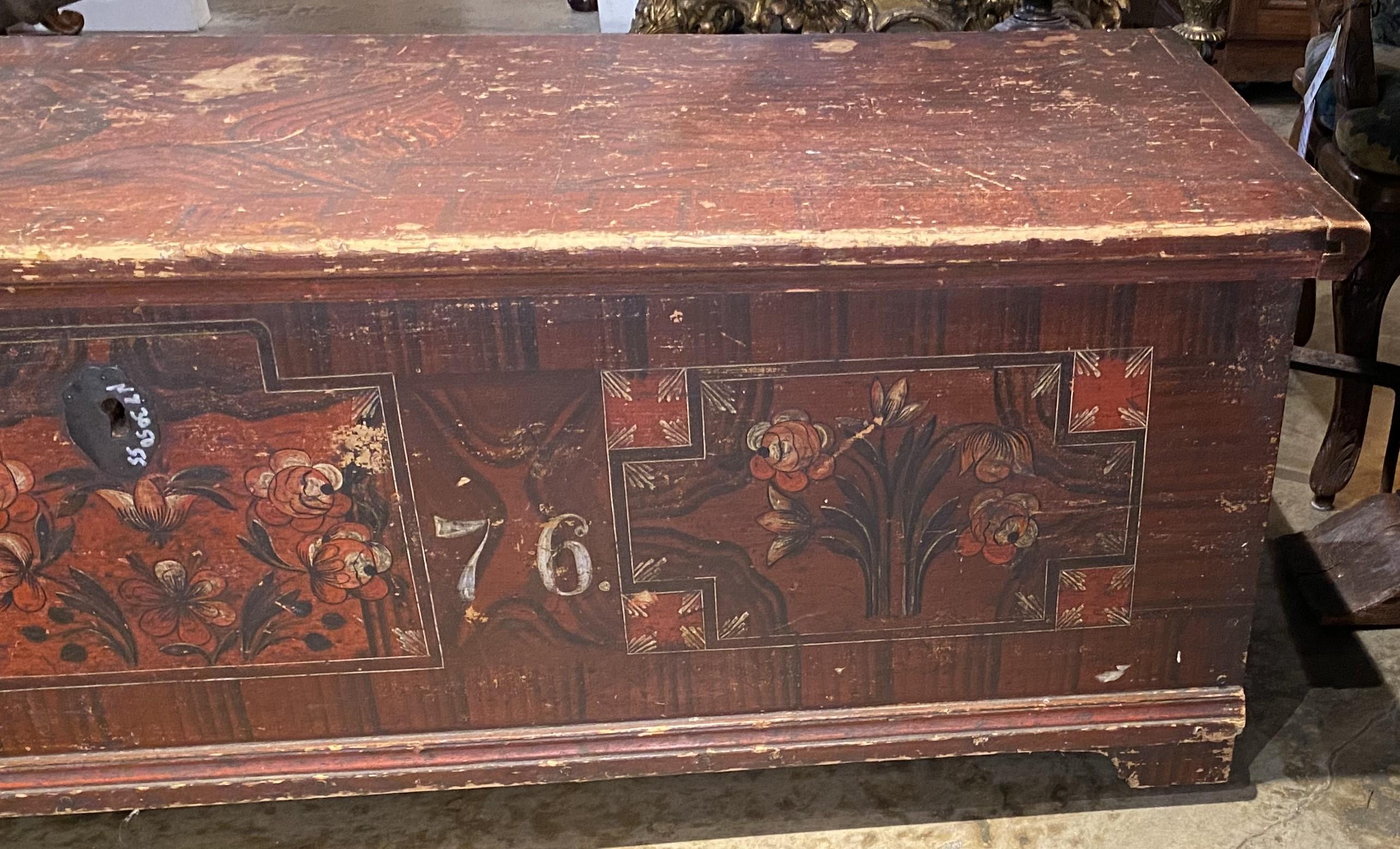 European Pine Paint Decorated Blanket Chest Dated 1876 In Good Condition For Sale In Milford, NH