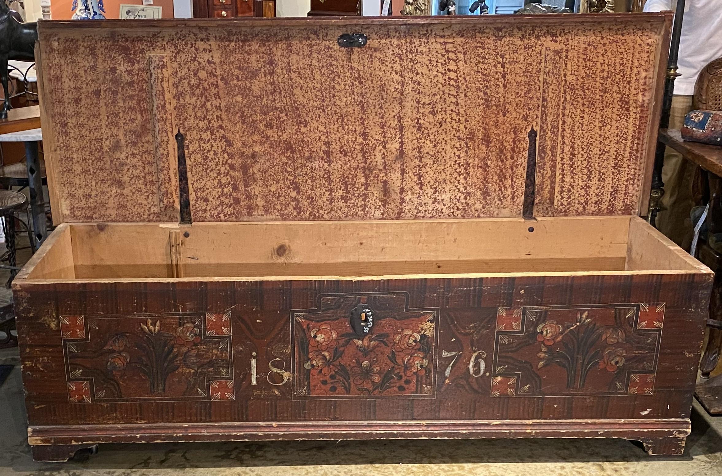 European Pine Paint Decorated Blanket Chest Dated 1876 For Sale 3