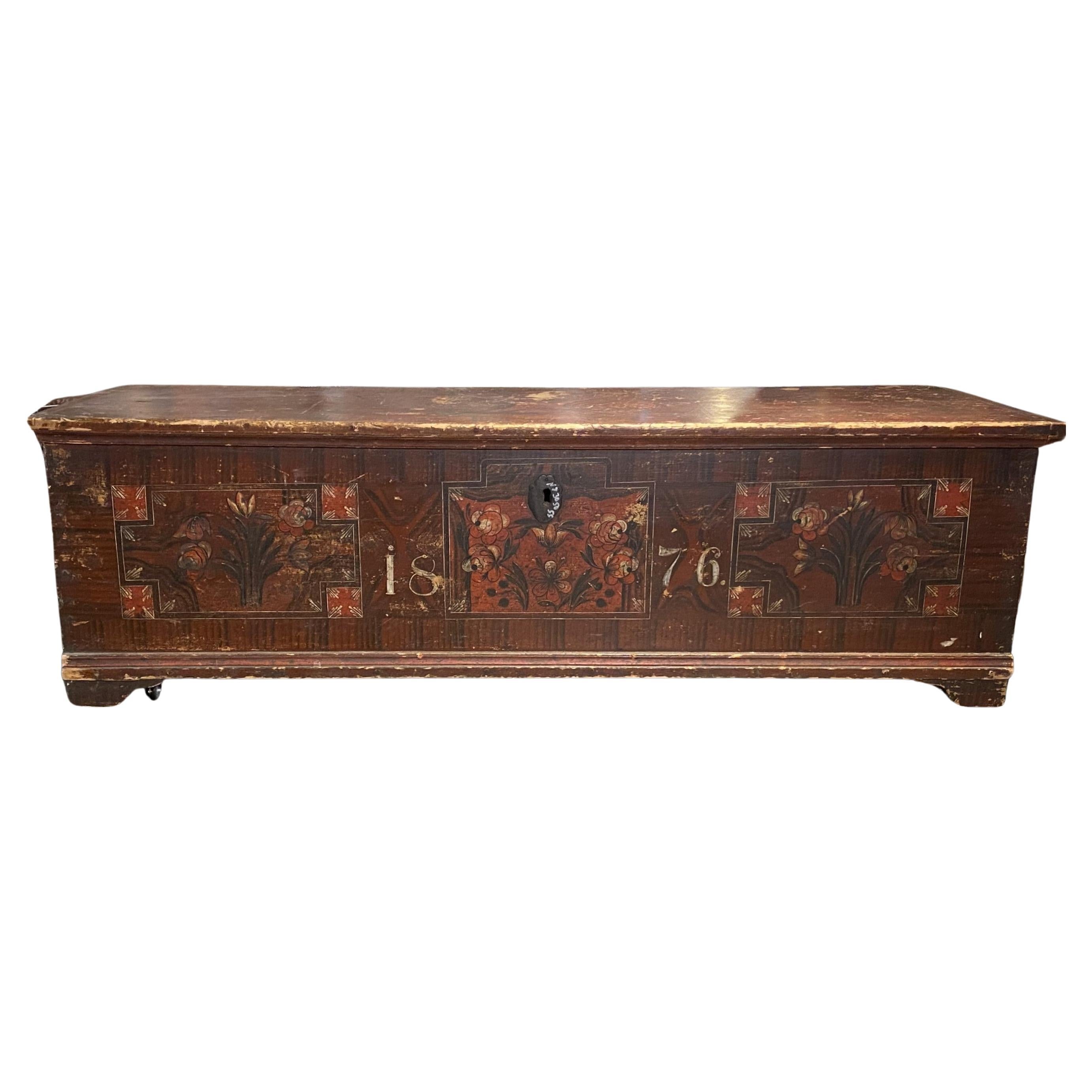 European Pine Paint Decorated Blanket Chest Dated 1876 For Sale