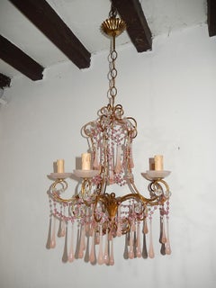 European Pink Opaline Murano Bobeches Beads and Drops Chandelier, circa 1920