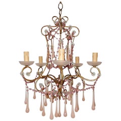European Pink Opaline Murano Bobeches Beads and Drops Chandelier, circa 1920