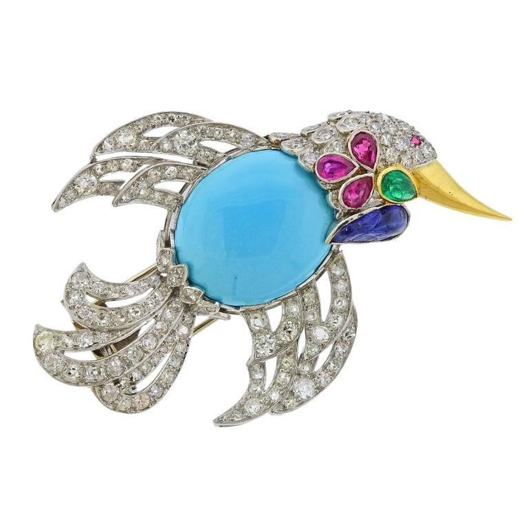 European Platinum Turquoise Ruby Diamond Bird Brooch Pin In Excellent Condition For Sale In Lambertville, NJ