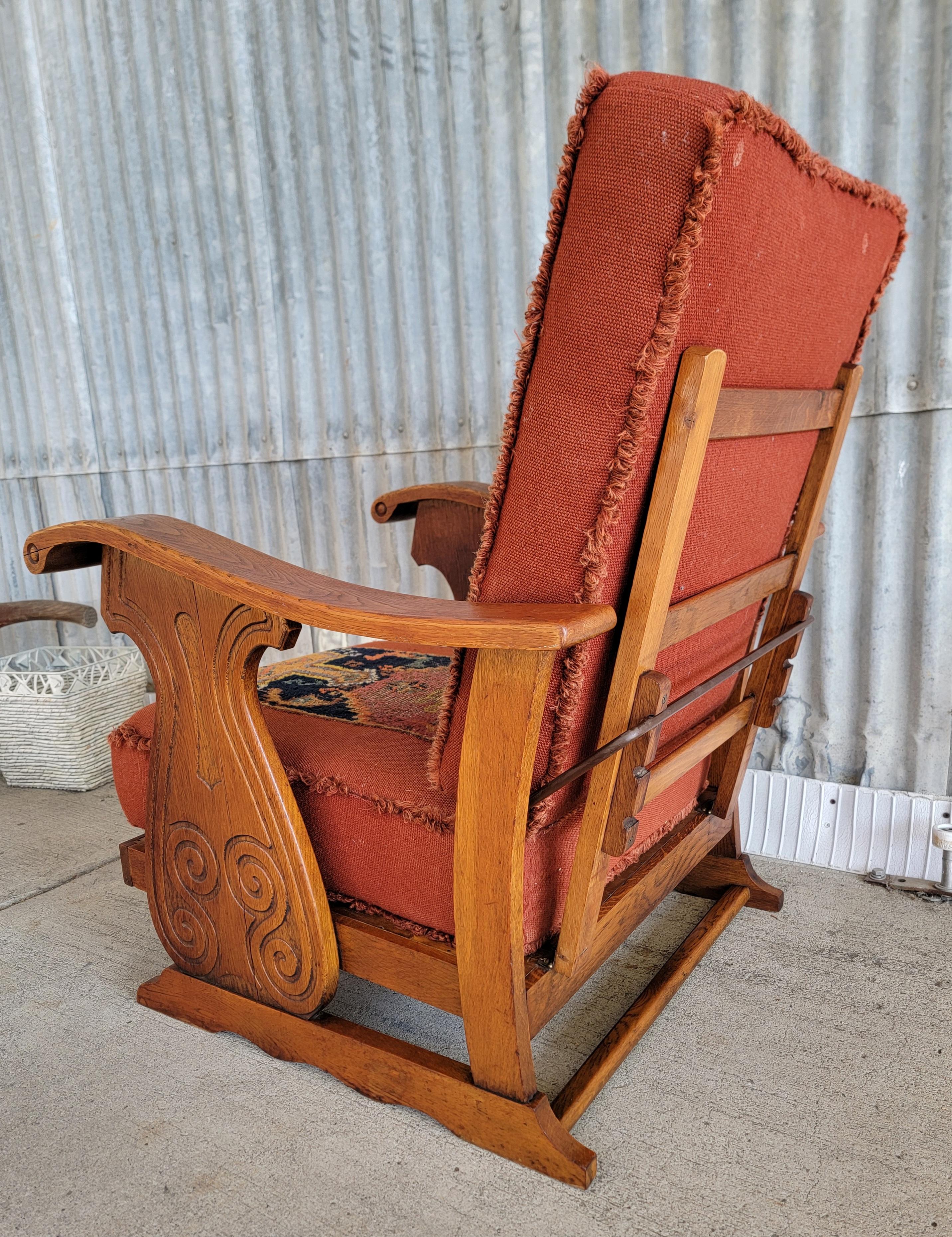 Reclining Morris Style Lounge Chair Carved Oak Circa. 1950's 6