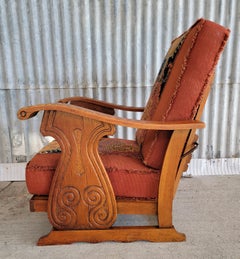Reclining Morris Style Lounge Chair Carved Oak Circa. 1950's