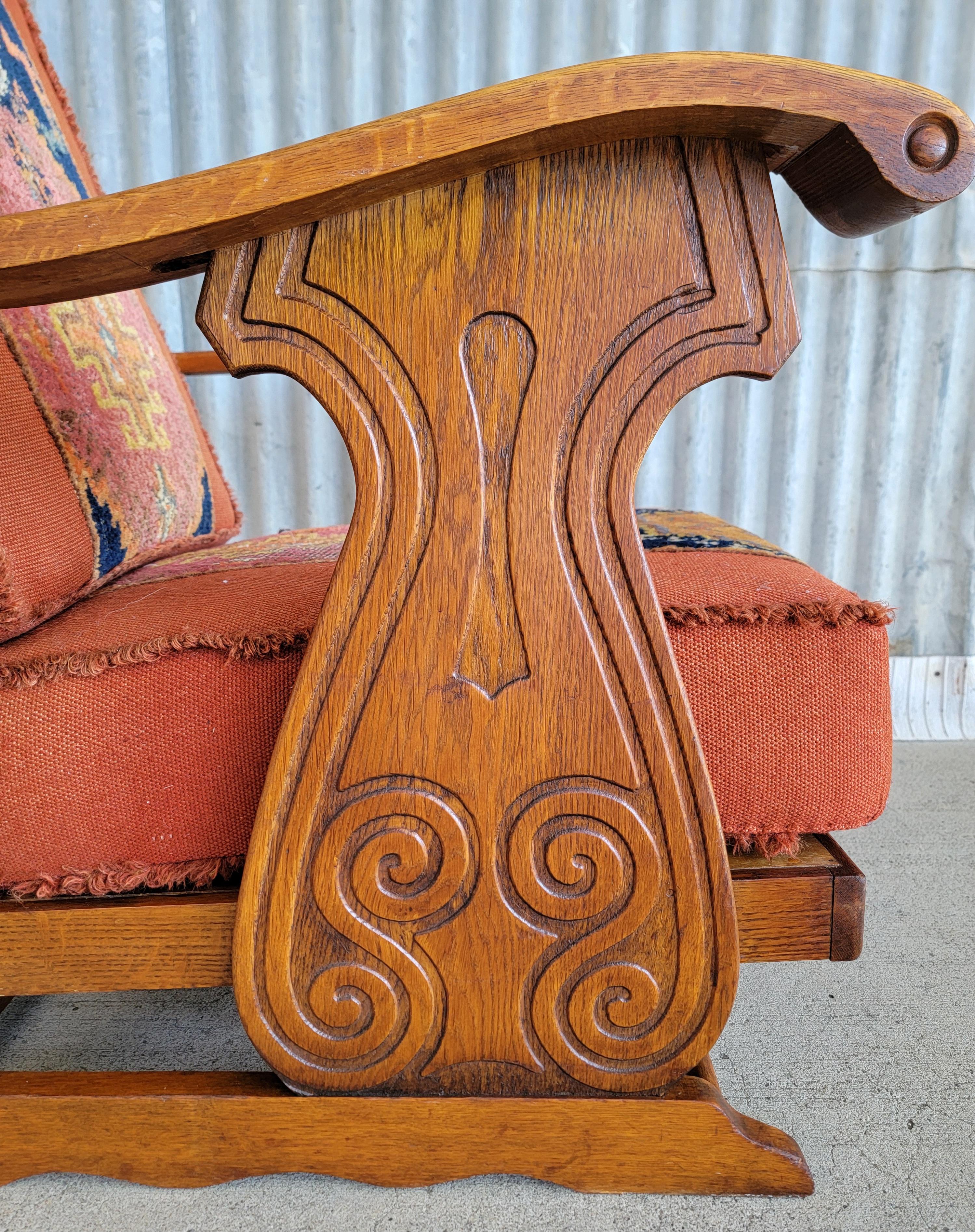20th Century Reclining Morris Style Lounge Chair Carved Oak Circa. 1950's