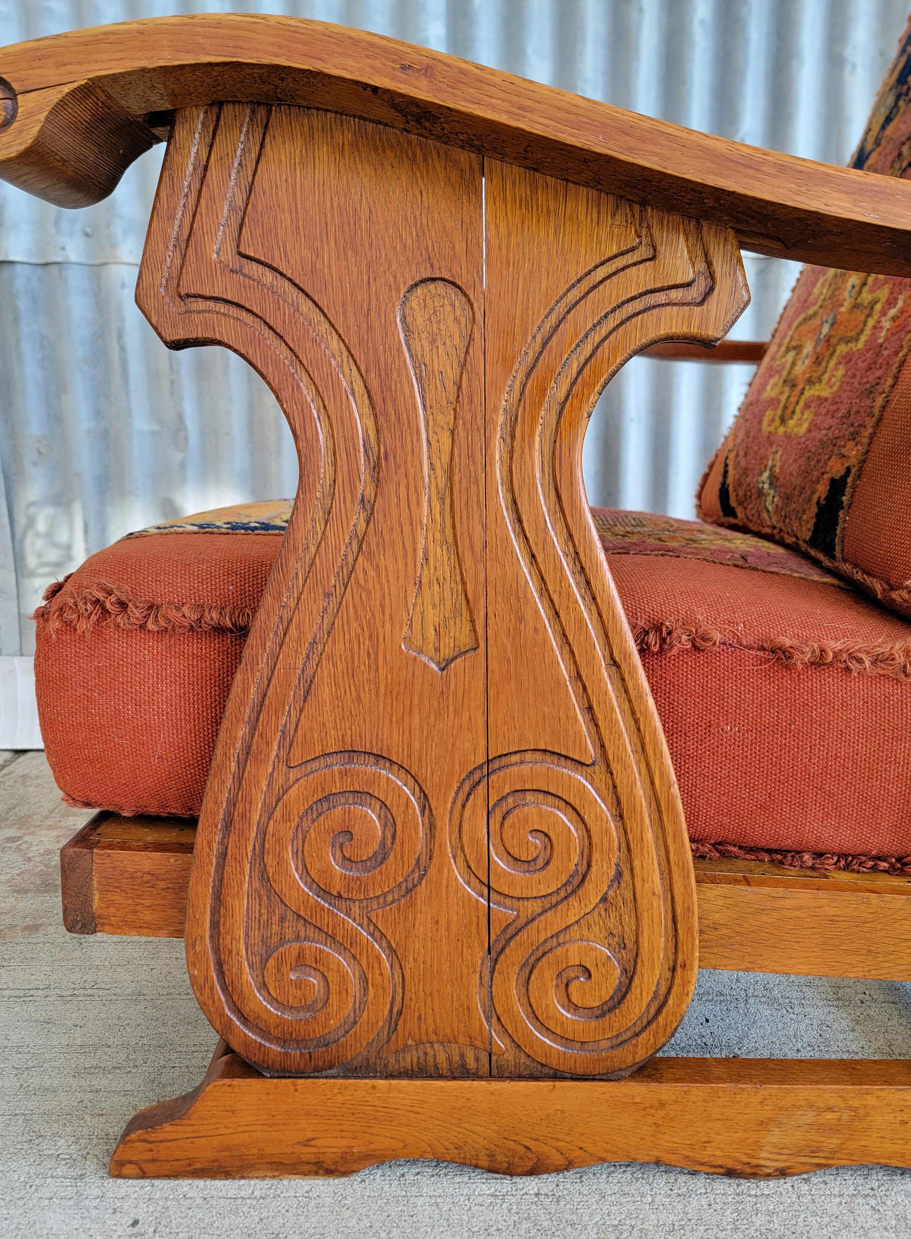Reclining Morris Style Lounge Chair Carved Oak Circa. 1950's 1