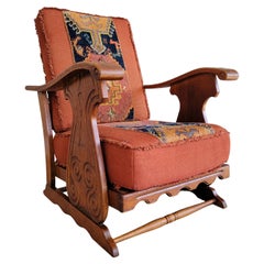 Reclining Morris Style Lounge Chair Carved Oak Circa. 1950's