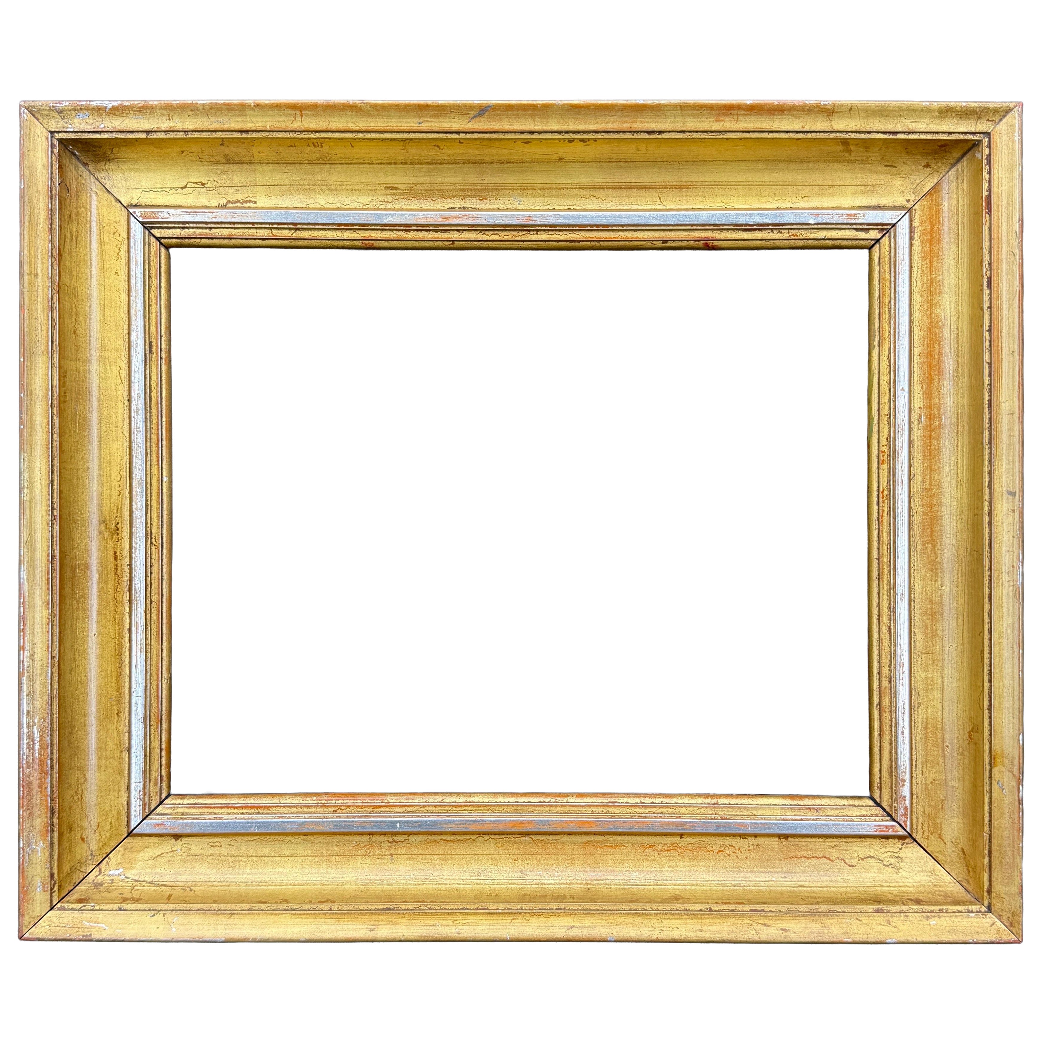 European Rectangular Wood Gilt Gold Silver Art Frame, 19th Century