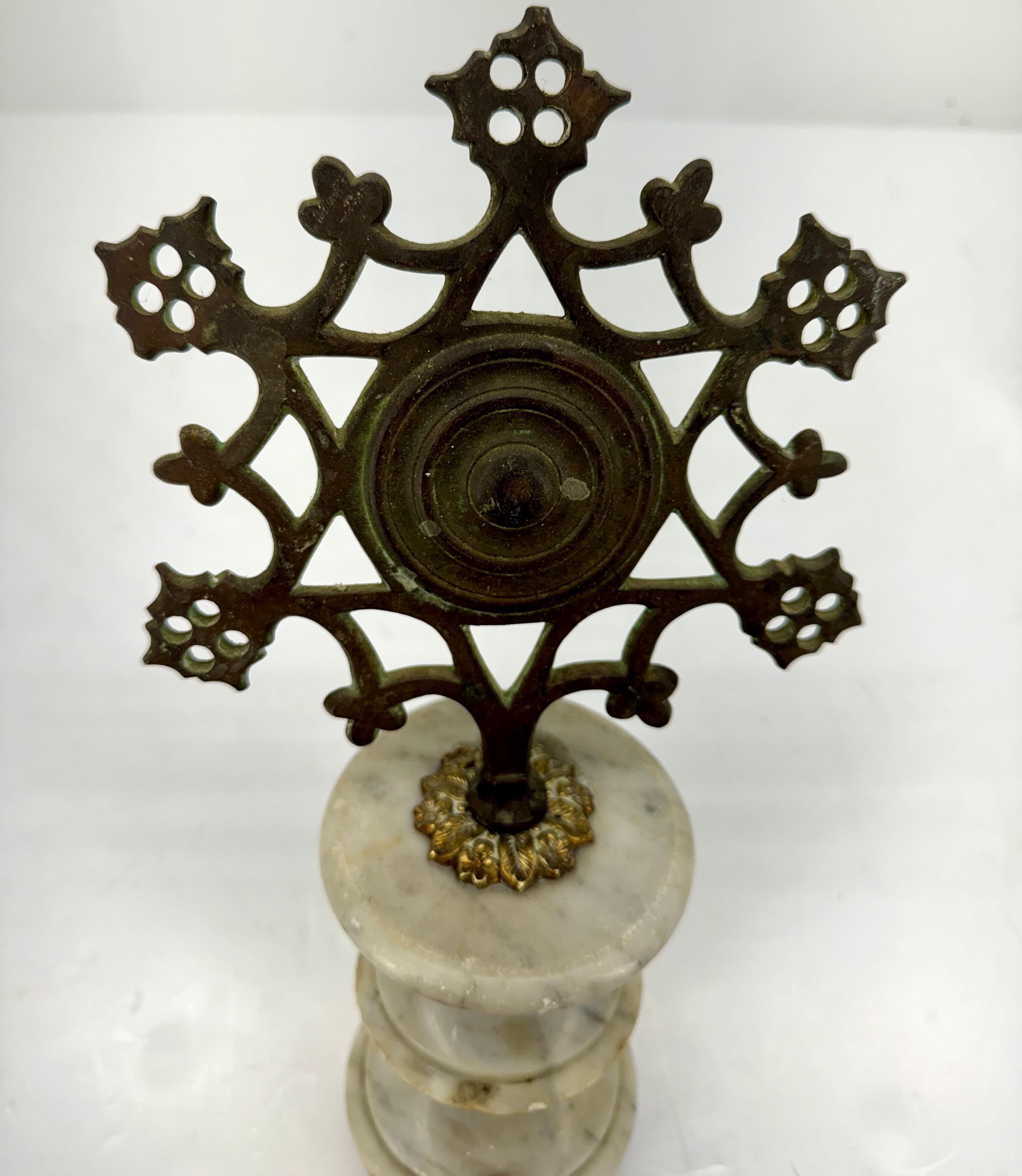 French European Religious Bronze Sculpture Fragment on 19th Century Marble Pedestal For Sale
