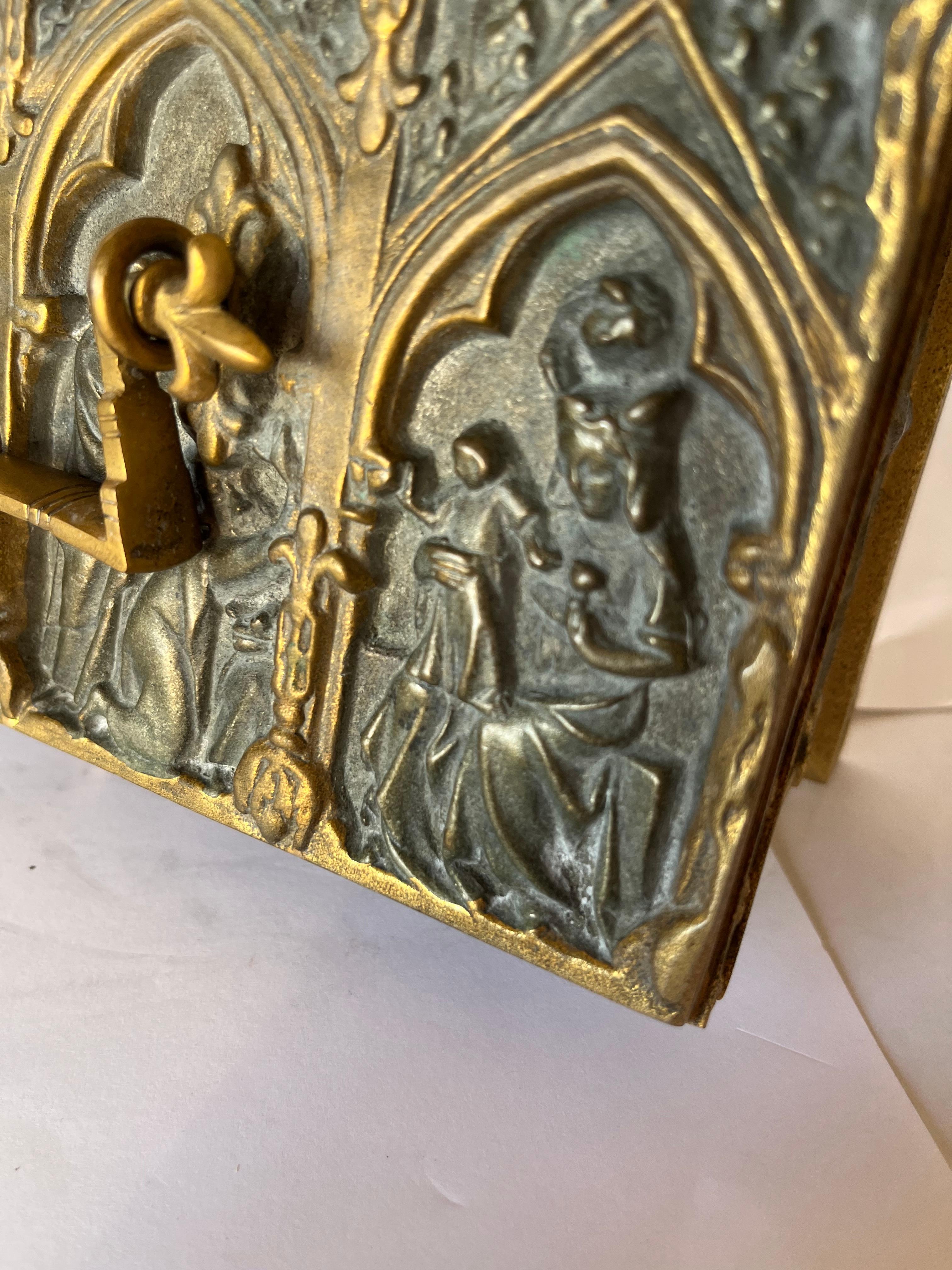 French European Renaissance Style Jewelry Box Steel and Golden Steel  Key Blue Velvet For Sale