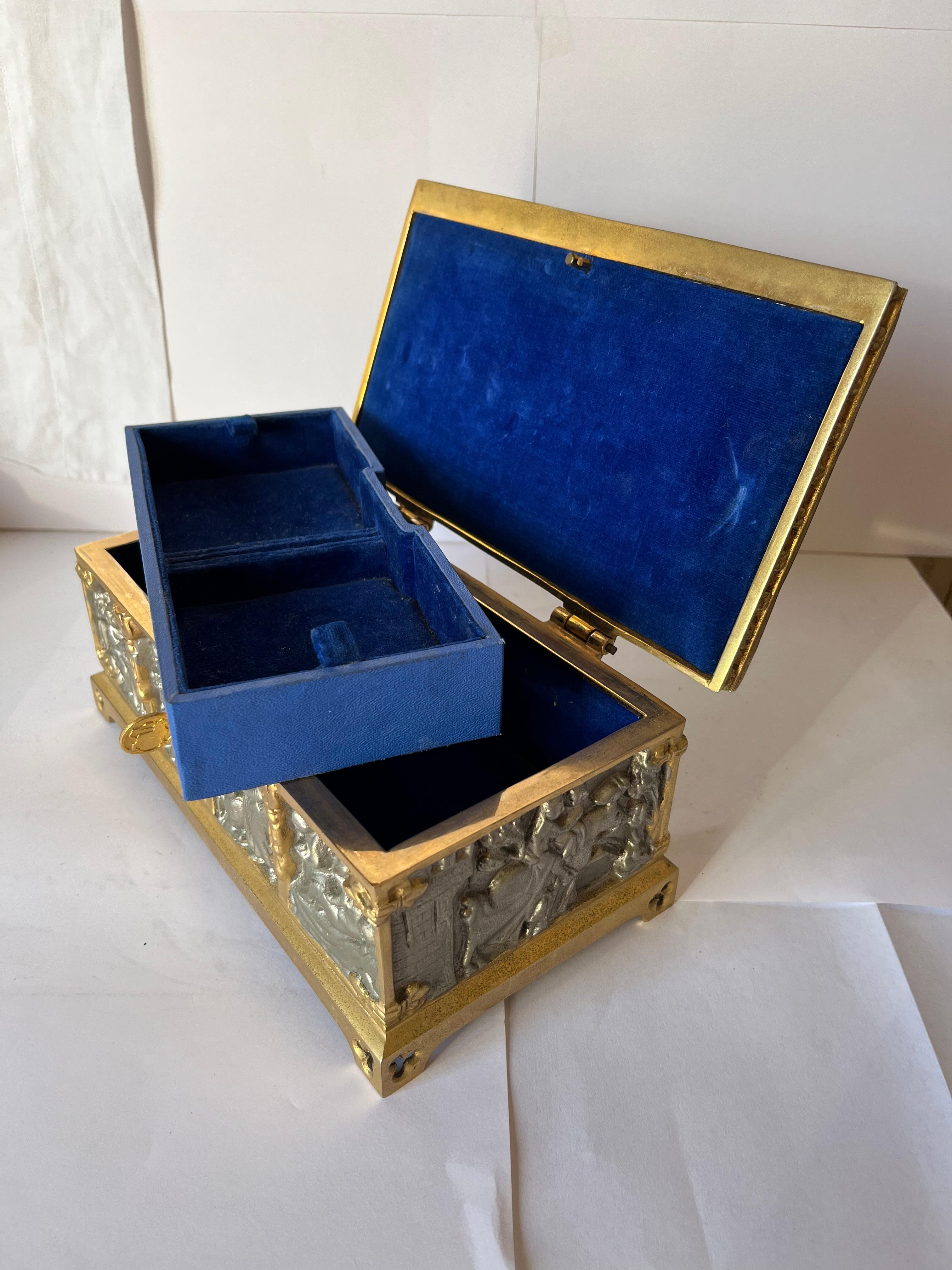 European Renaissance Style Jewelry Box Steel and Golden Steel  Key Blue Velvet In Good Condition For Sale In Miami, FL