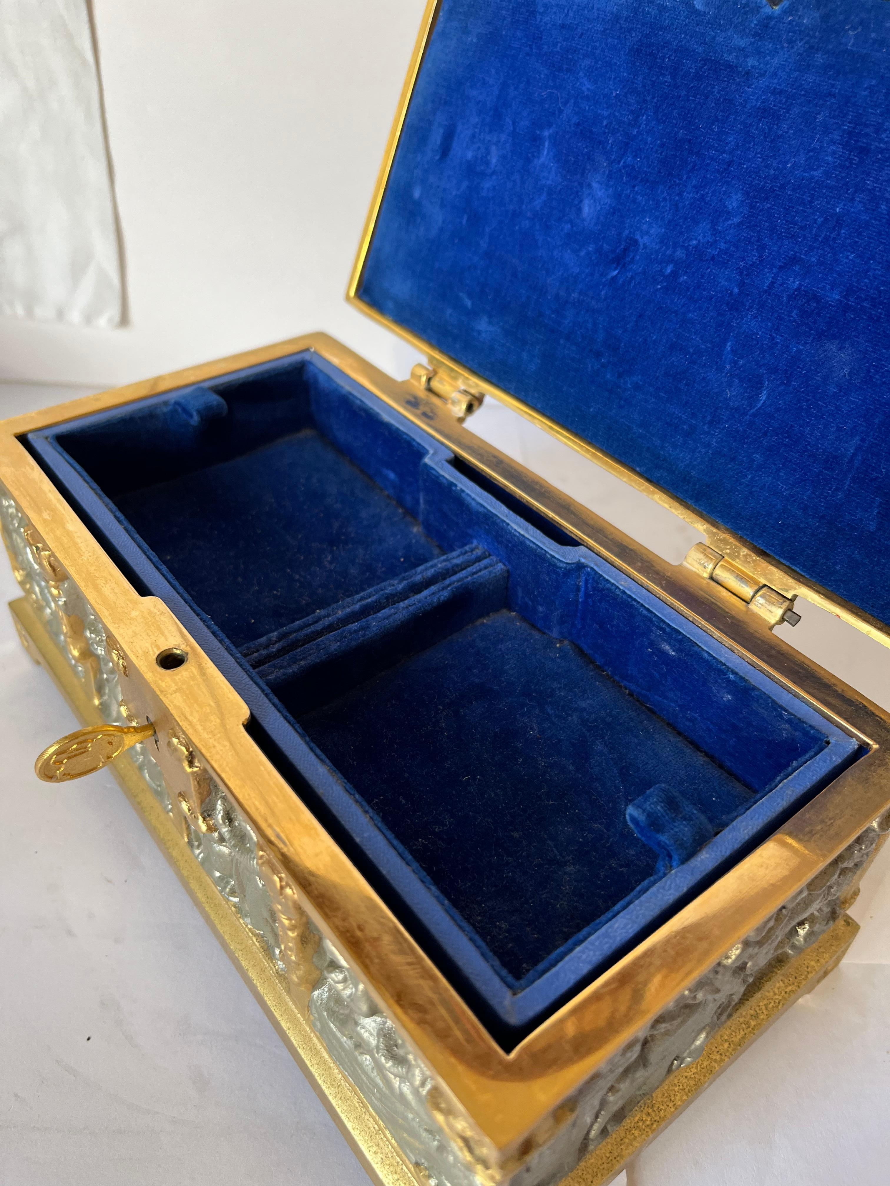 Mid-20th Century European Renaissance Style Jewelry Box Steel and Golden Steel  Key Blue Velvet For Sale