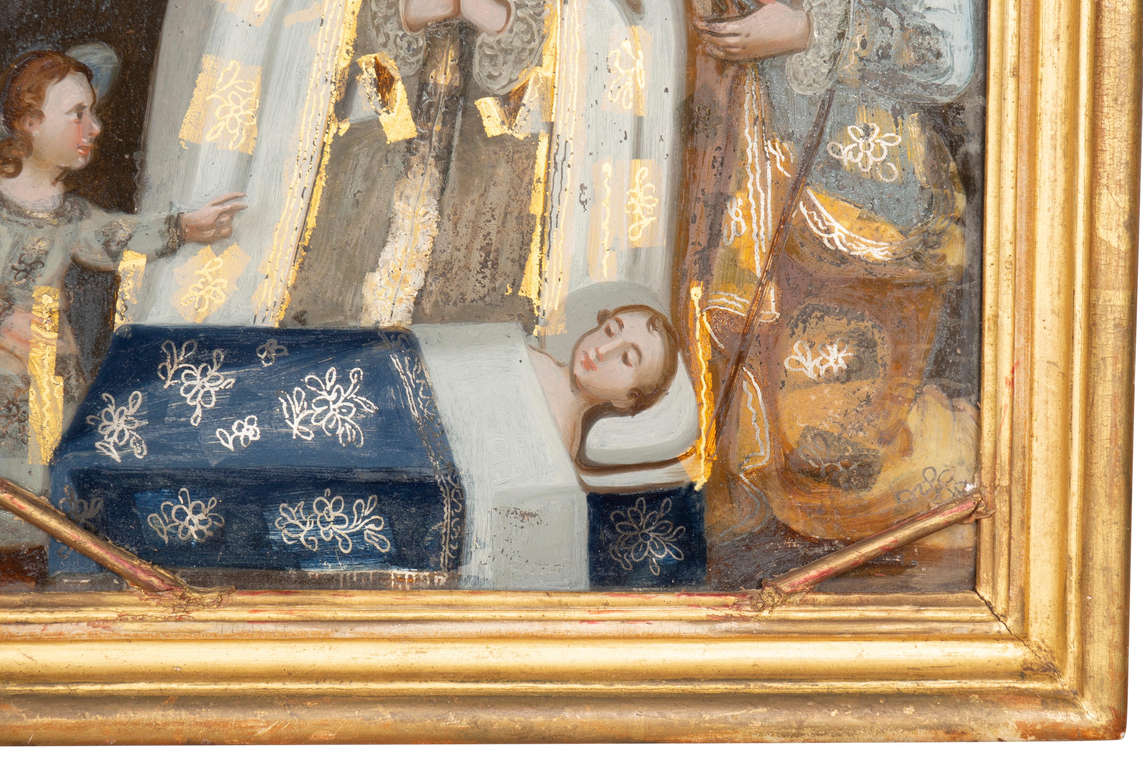 Peinture européenne inversée sur verre d'un roi priant pour un enfant en vente 3