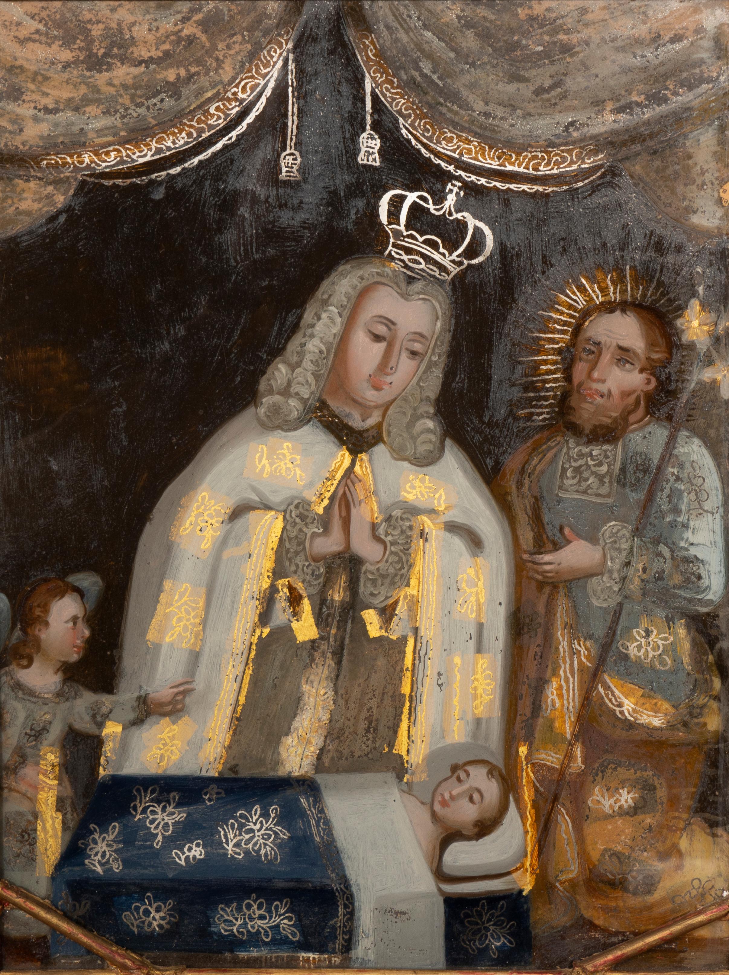 Dans un cadre en bois doré, scène d'un roi aux mains jointes sur un enfant alité avec le Christ à ses côtés.