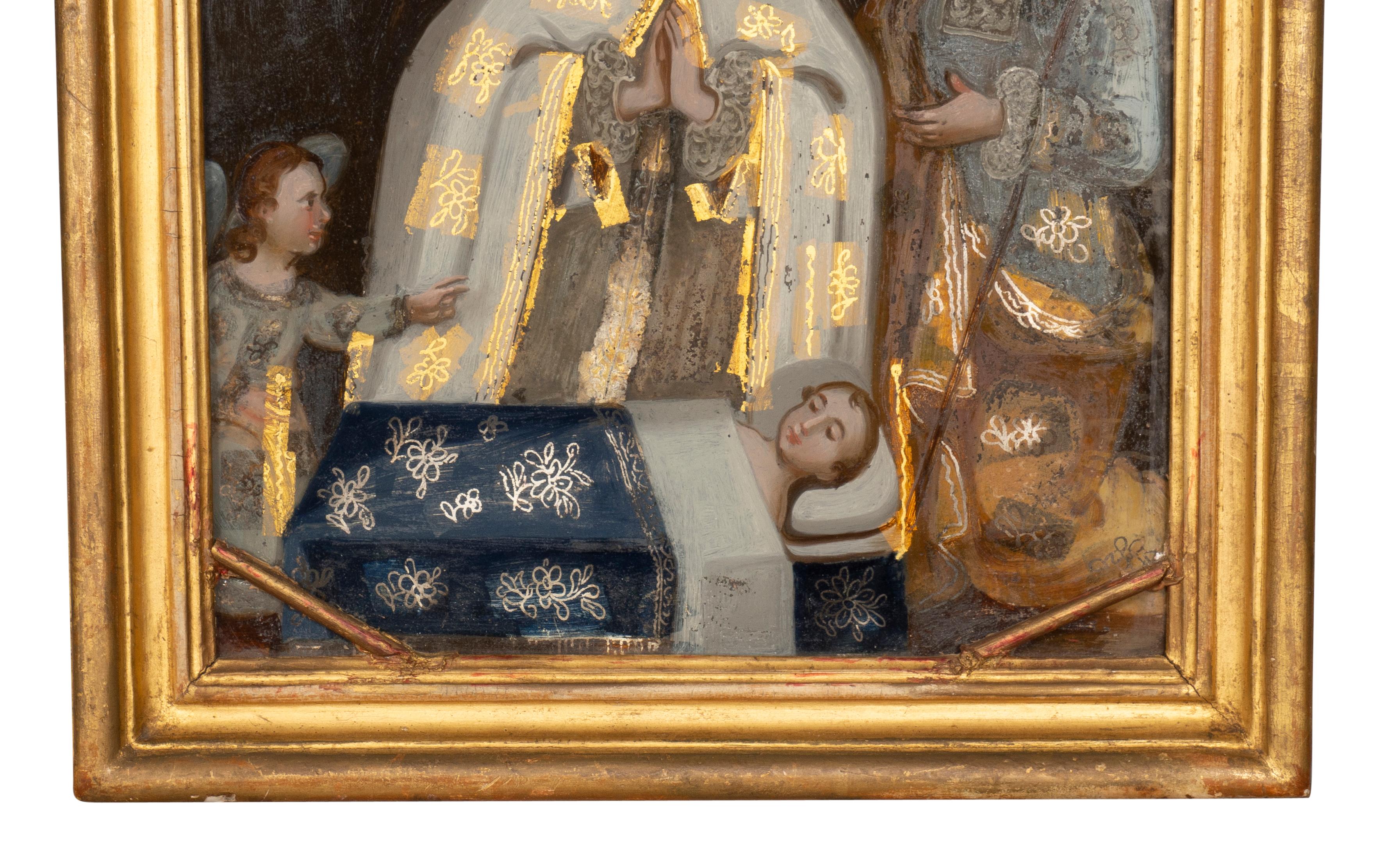Européen Peinture européenne inversée sur verre d'un roi priant pour un enfant en vente