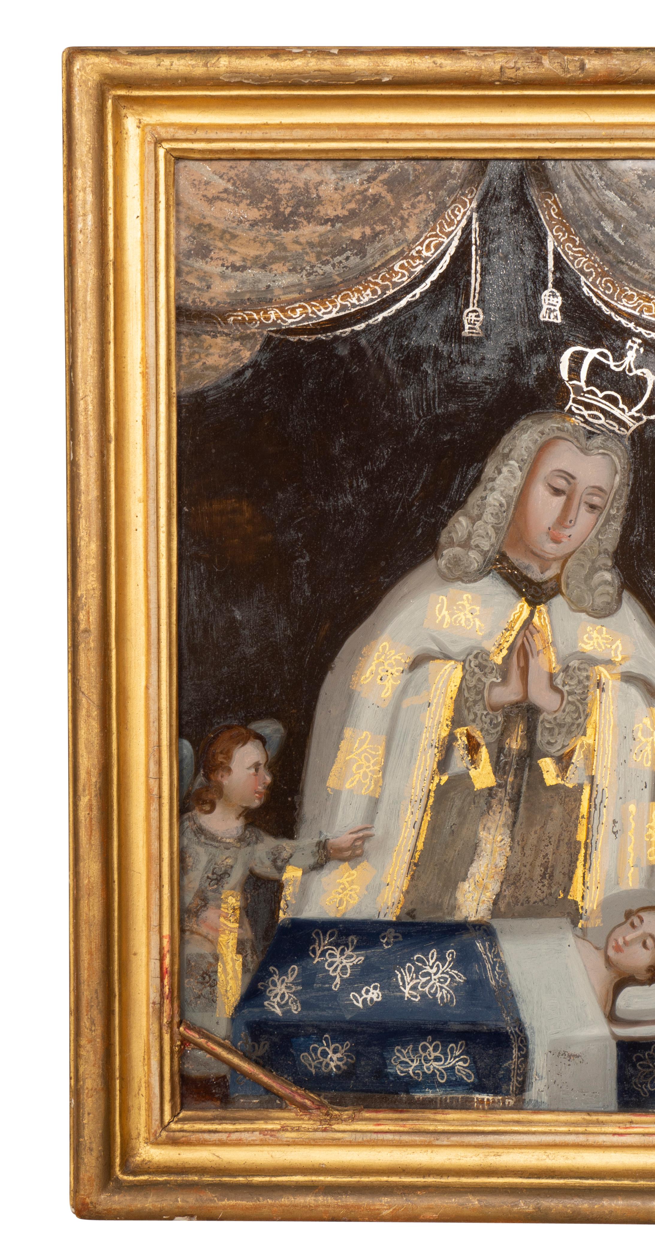 Hand-Painted European Reverse Painting on Glass of a King Praying for a Child For Sale