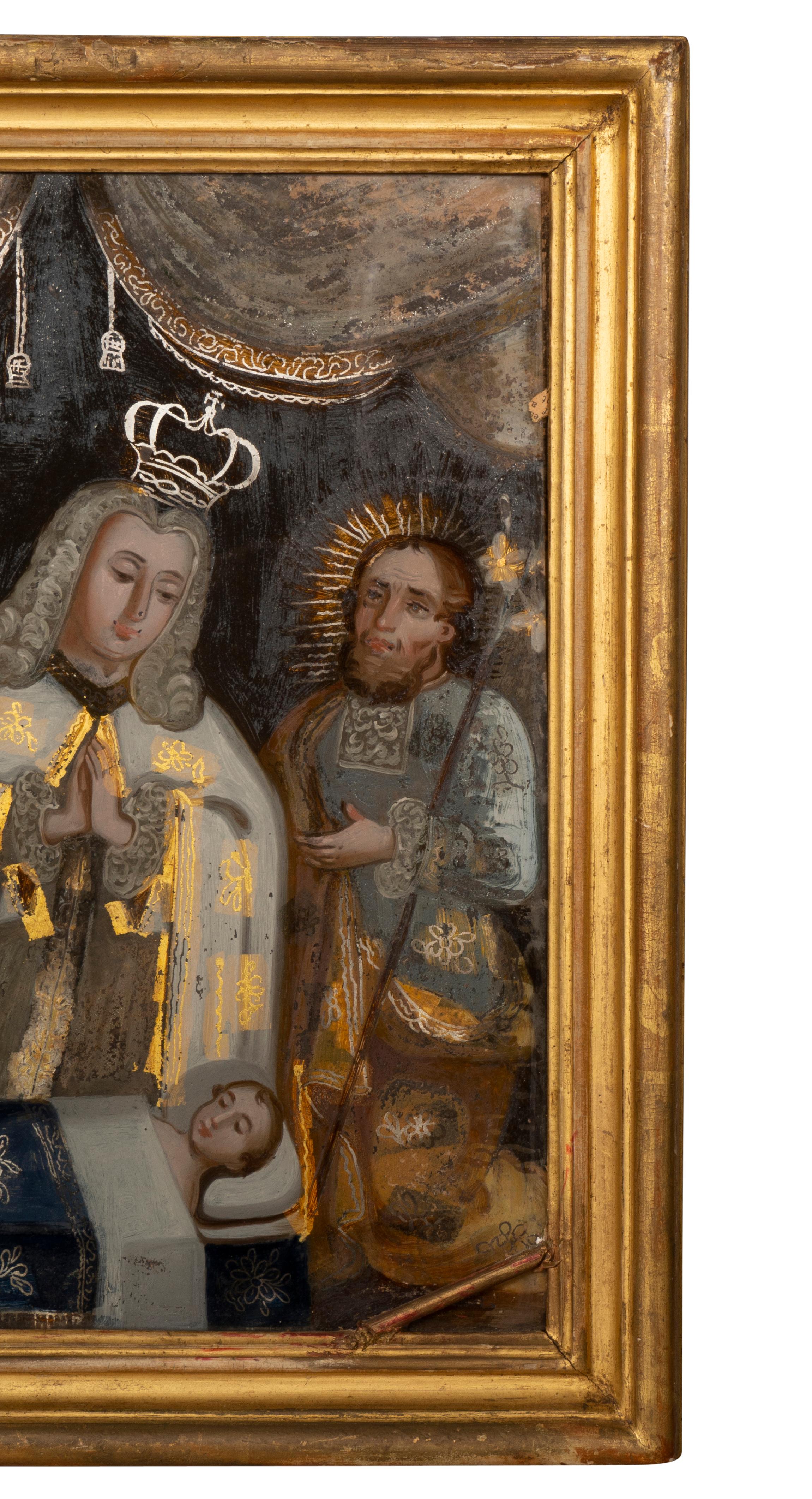 Milieu du XVIIIe siècle Peinture européenne inversée sur verre d'un roi priant pour un enfant en vente