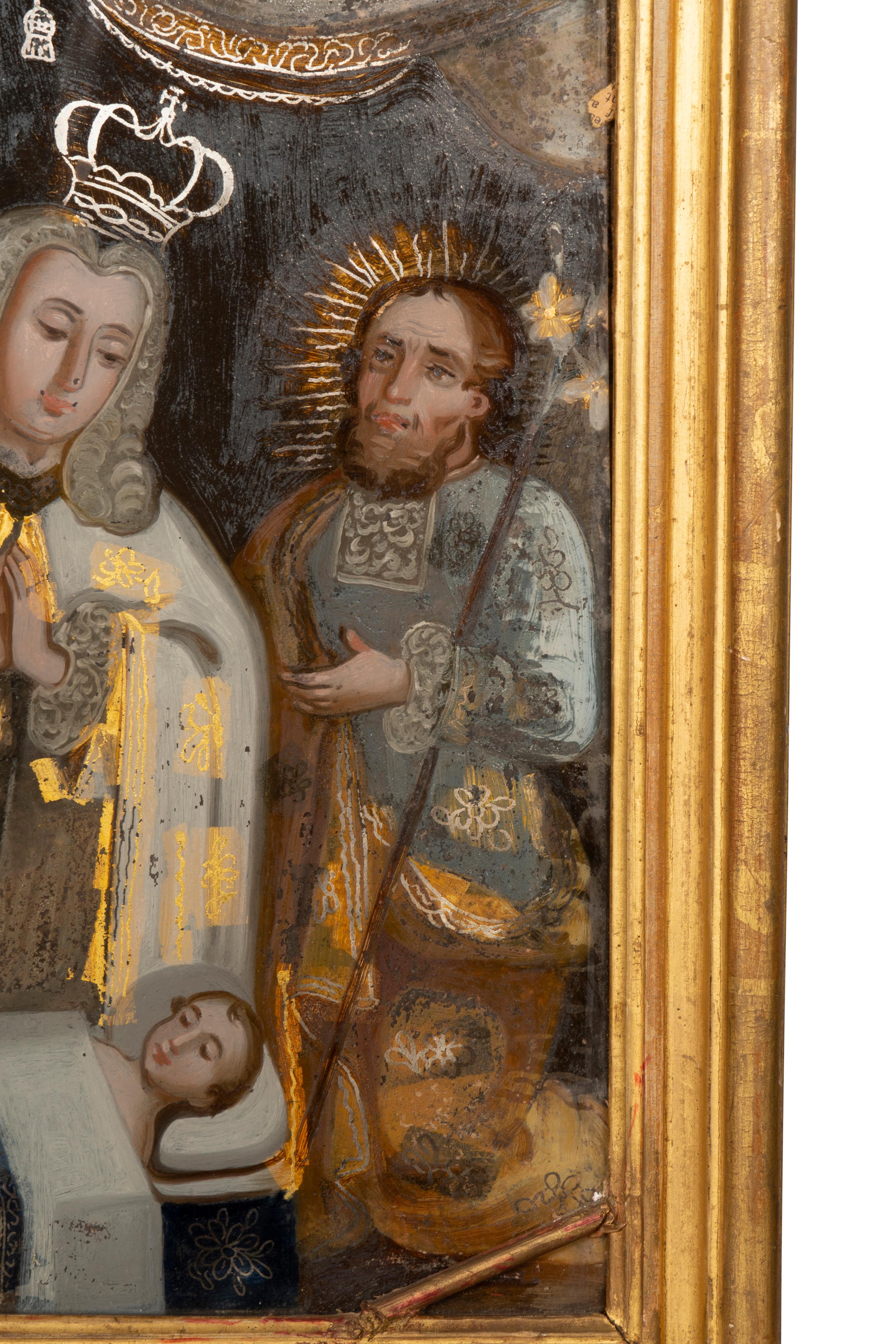 Verre Peinture européenne inversée sur verre d'un roi priant pour un enfant en vente