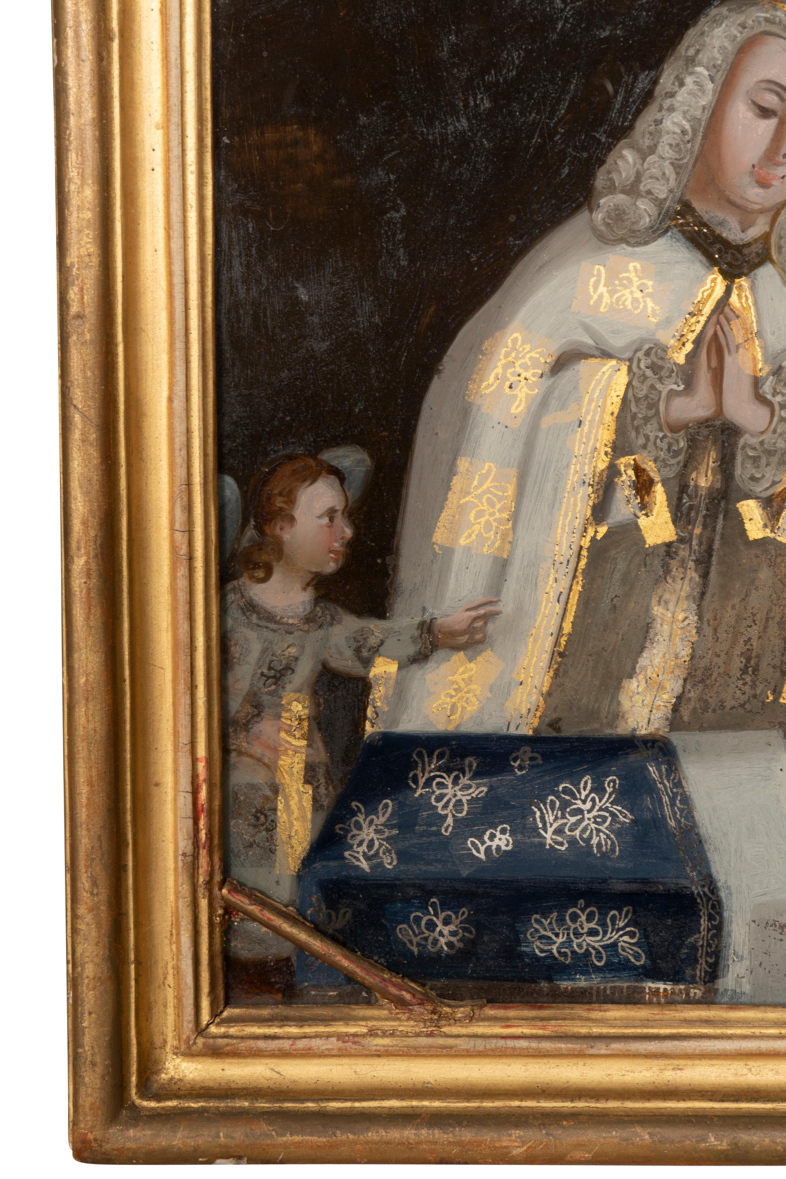 Europäisches rückseitiges Gemälde auf Glas eines Königs, der für ein Kind bittet im Angebot 3
