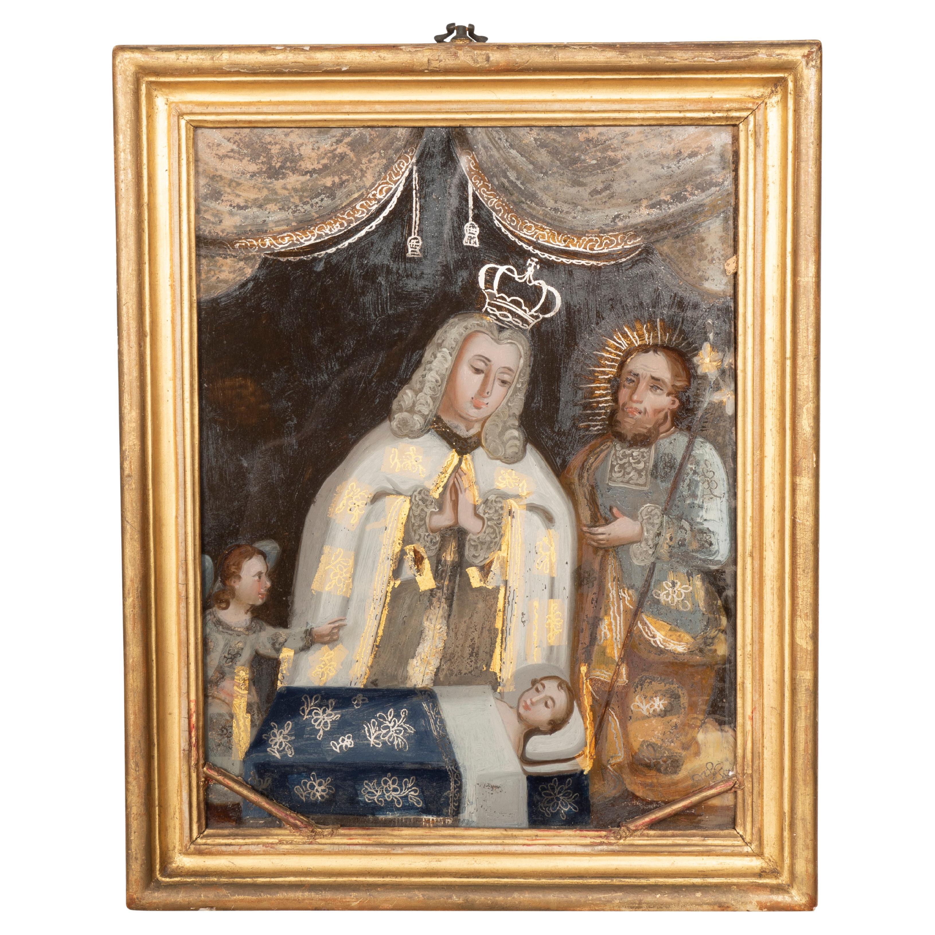 European Reverse Painting on Glass of a King Praying for a Child For Sale