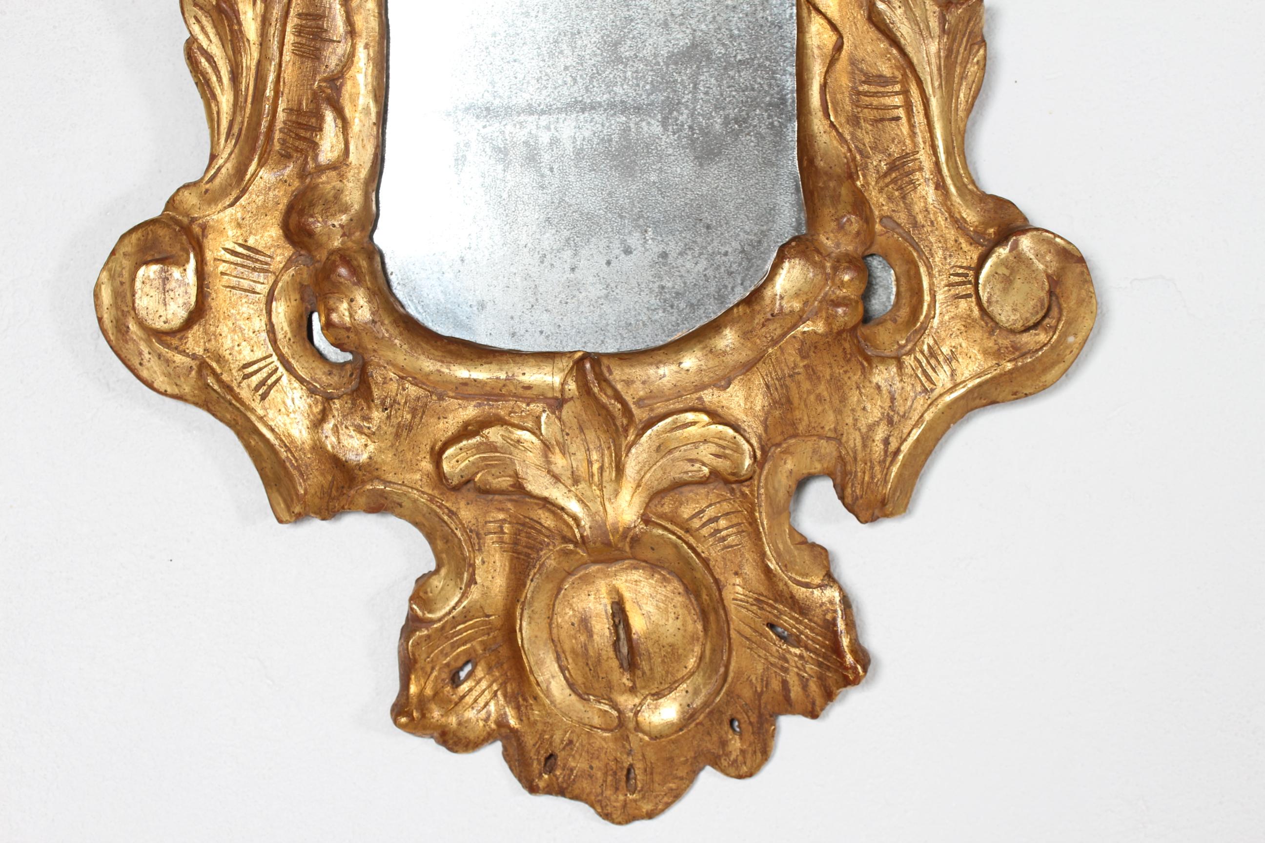 Italian European Rococo Giltwood Mirror with Openwork Ornaments + Old Mirror Glass 1800s For Sale