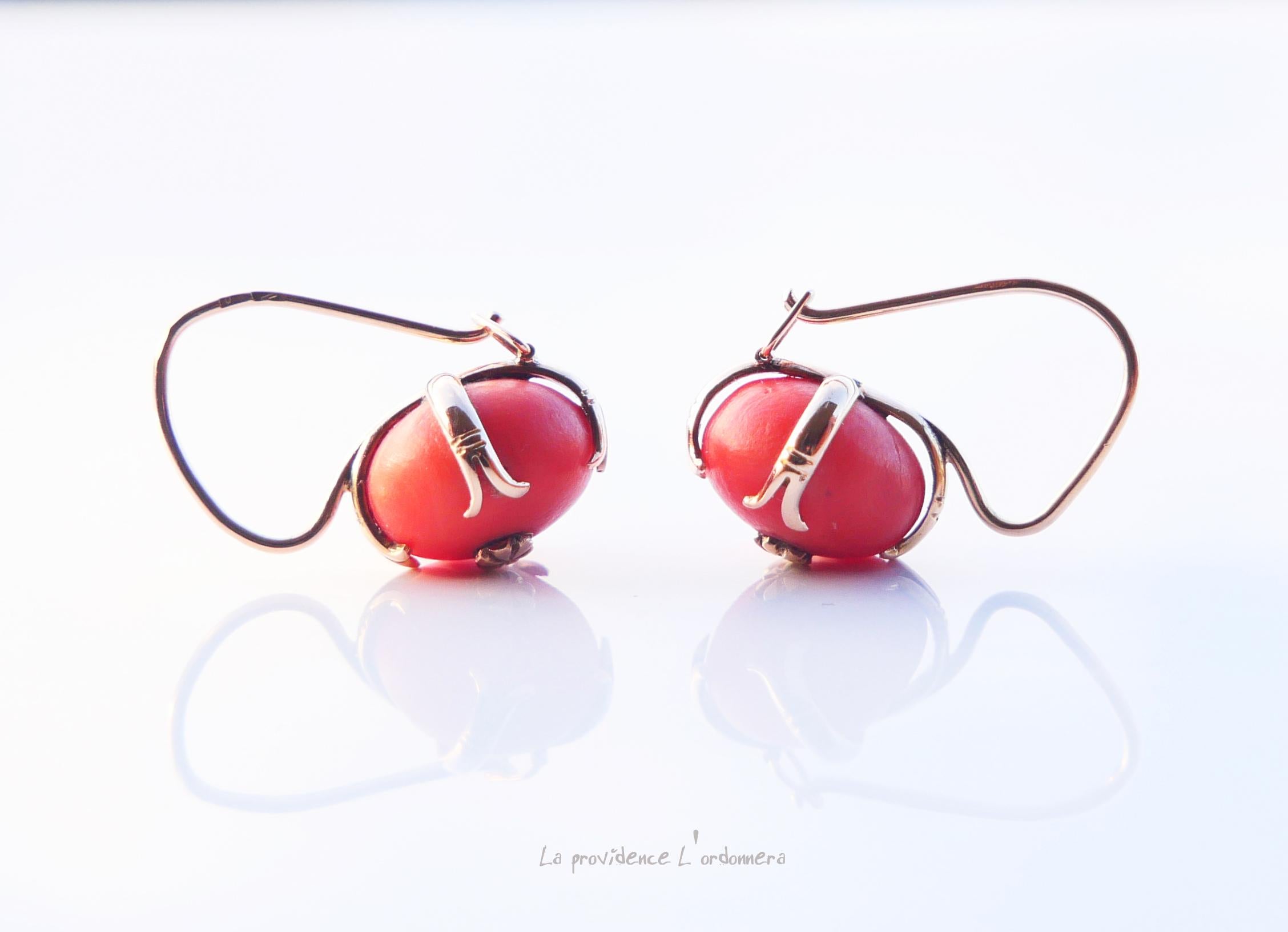 European Round Dangle Earrings natural Red Coral solid 14K Rose Gold / 5 gr. 5
