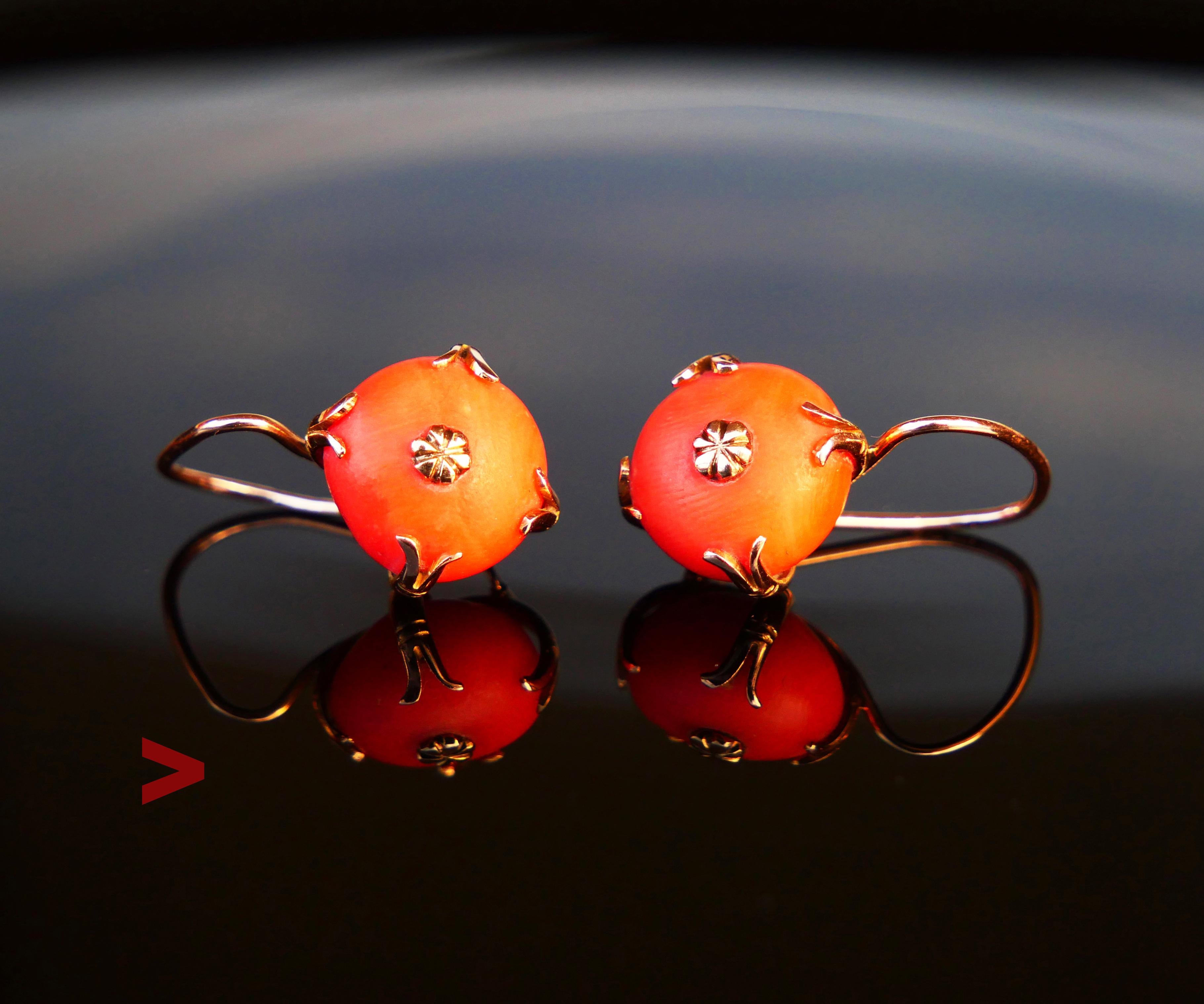 Note:   please contact me before buying this pair ! 


A pair of fine dangles in solid 14K Rose Gold featuring natural/untreated Red Precious Coral settings. European made, likely German , ca 1920s -1940s.

Each Coral stone measures Ø 11 mm x 10 mm