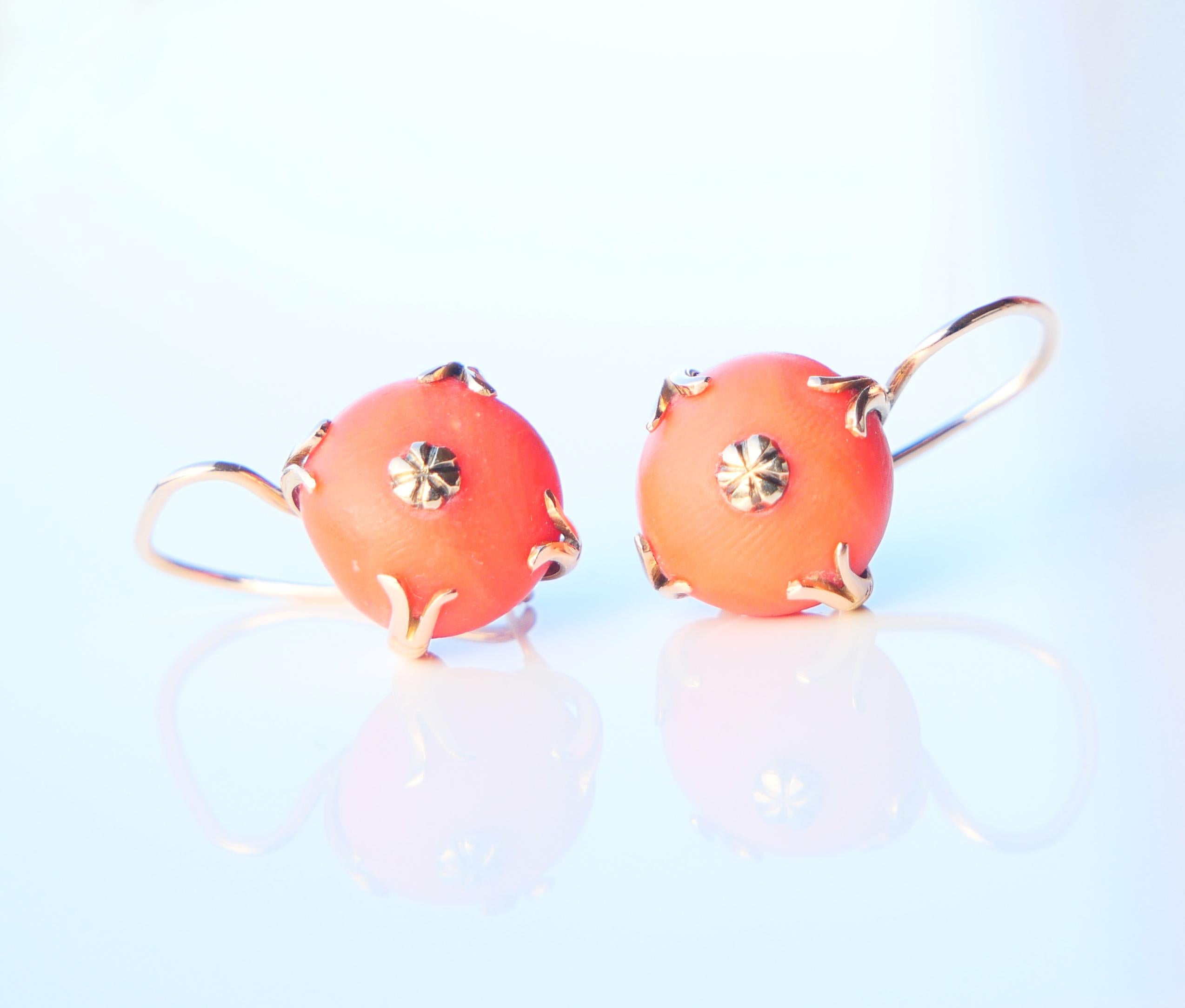 European Round Dangle Earrings natural Red Coral solid 14K Rose Gold / 5 gr. 2