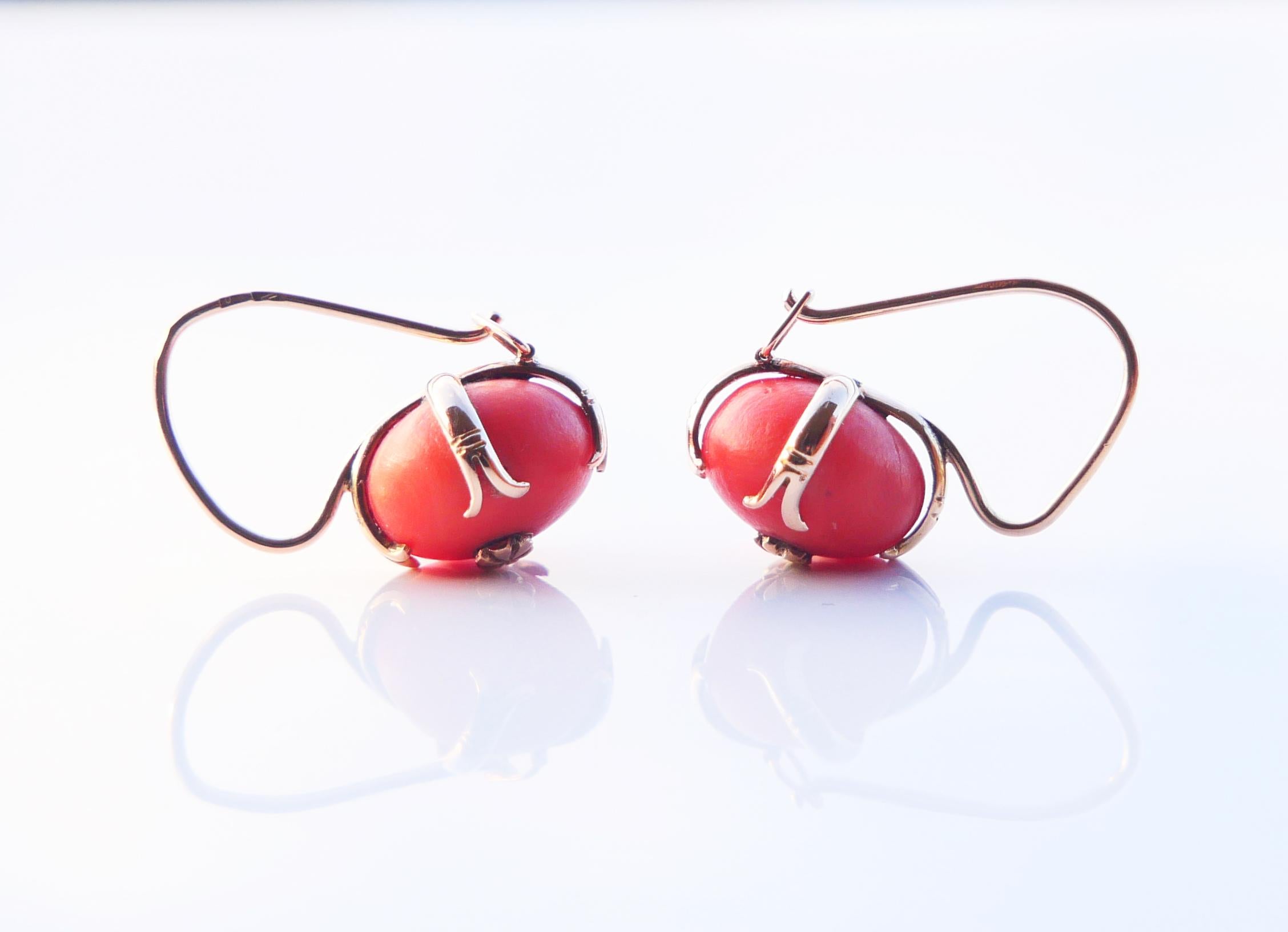 European Round Dangle Earrings natural Red Coral solid 14K Rose Gold / 5 gr. 4