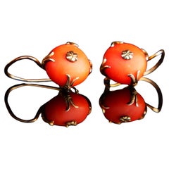European Round Dangle Earrings natural Red Coral solid 14K Rose Gold / 5 gr.