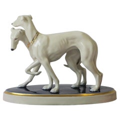 European Royal Dux Bohemia White Porcelain Greyhound Dogs Sculpture