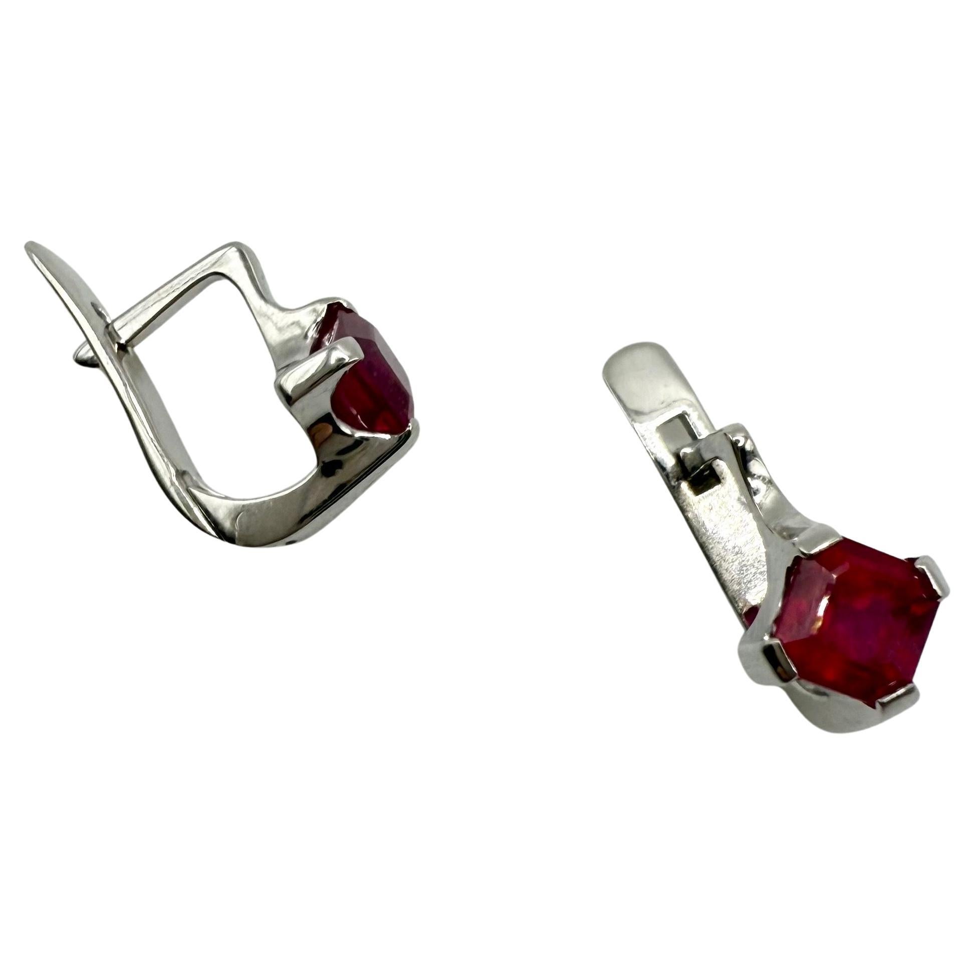 Art Deco ruby earrings 14KT white gold natural ruby earrings asscher cut ruby