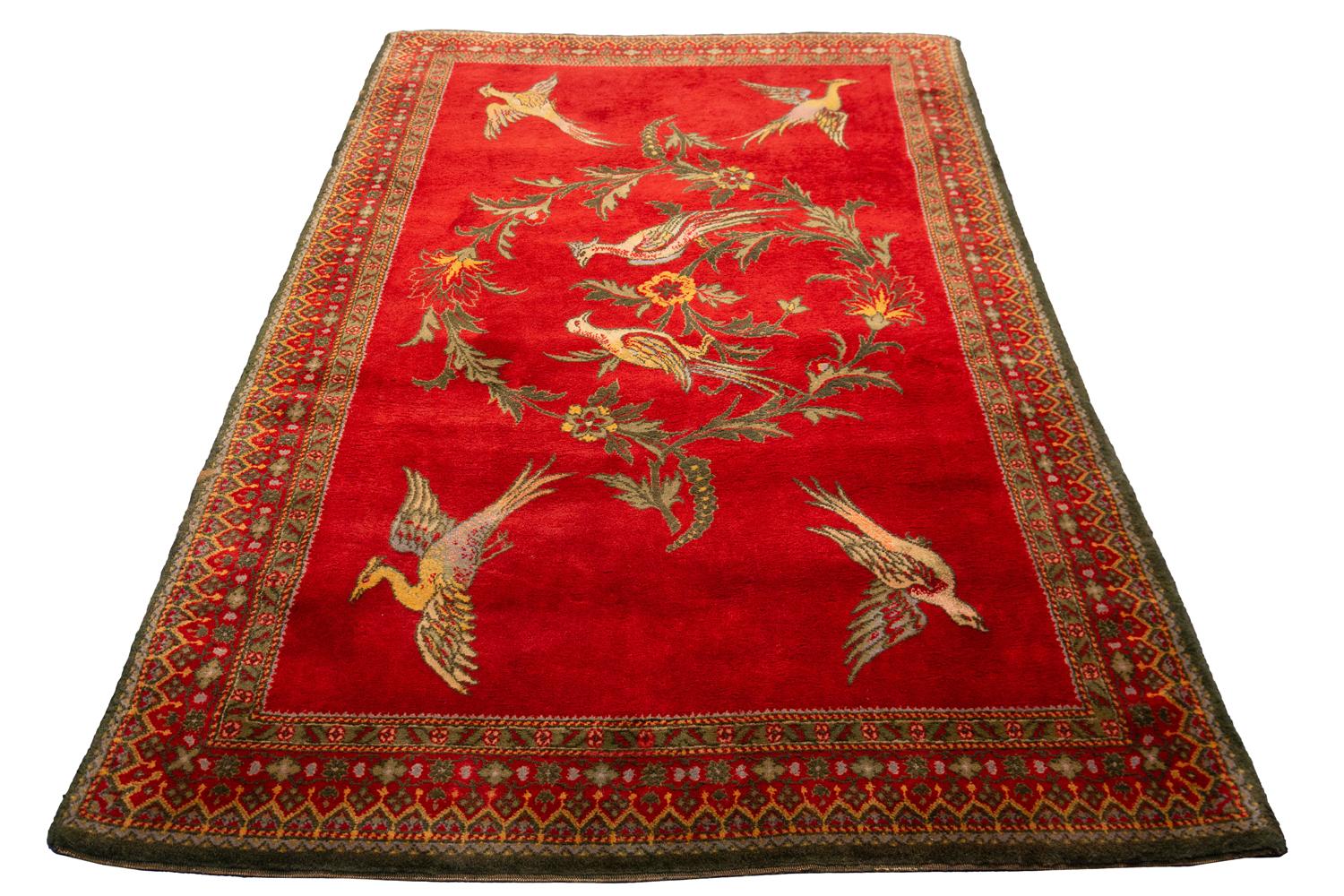 European Rug Cherry Field with Birds and Flower Rings, ca. 1880 In Good Condition For Sale In Ferrara, IT