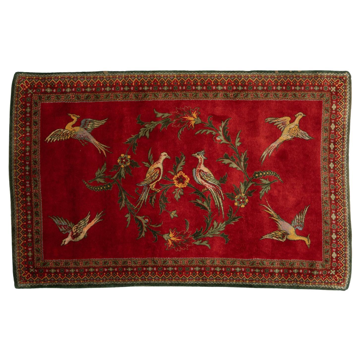 European Rug Cherry Field with Birds and Flower Rings, ca. 1880 For Sale